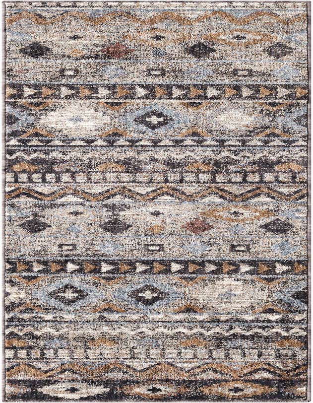 A 6 ft runner rug with a distressed Southwestern tribal pattern in browns, tans, grays, and light blue, ideal for a hallway or kitchen.