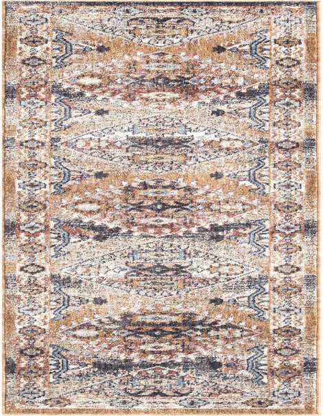 An 8 ft runner rug with a distressed Southwestern pattern in browns, tans, grays, and hints of blue, ideal for a hallway or kitchen.
