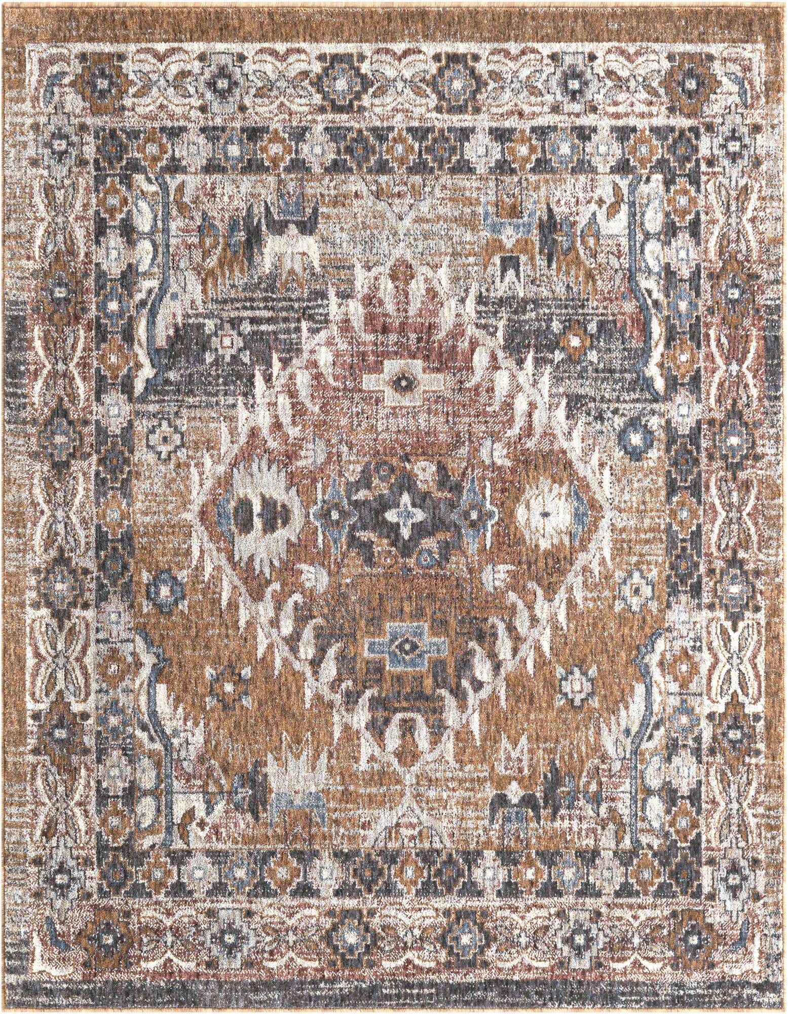 A 5'3" x 5'3" square Eco Southwestern rug featuring a distressed traditional pattern in browns, tans, and grays.