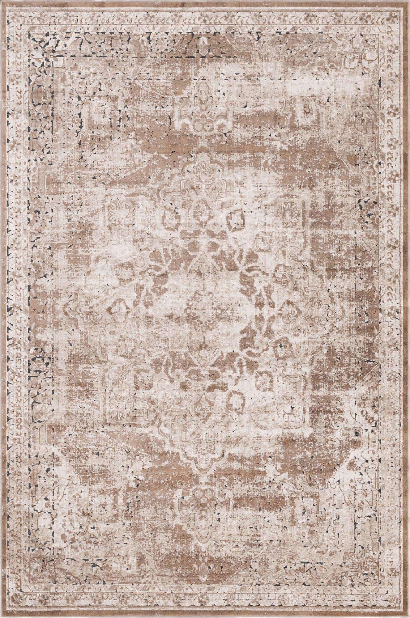 A 6x9 rectangular Rugs.com Eliza rug with a distressed medallion pattern in shades of brown, tan, and ivory.