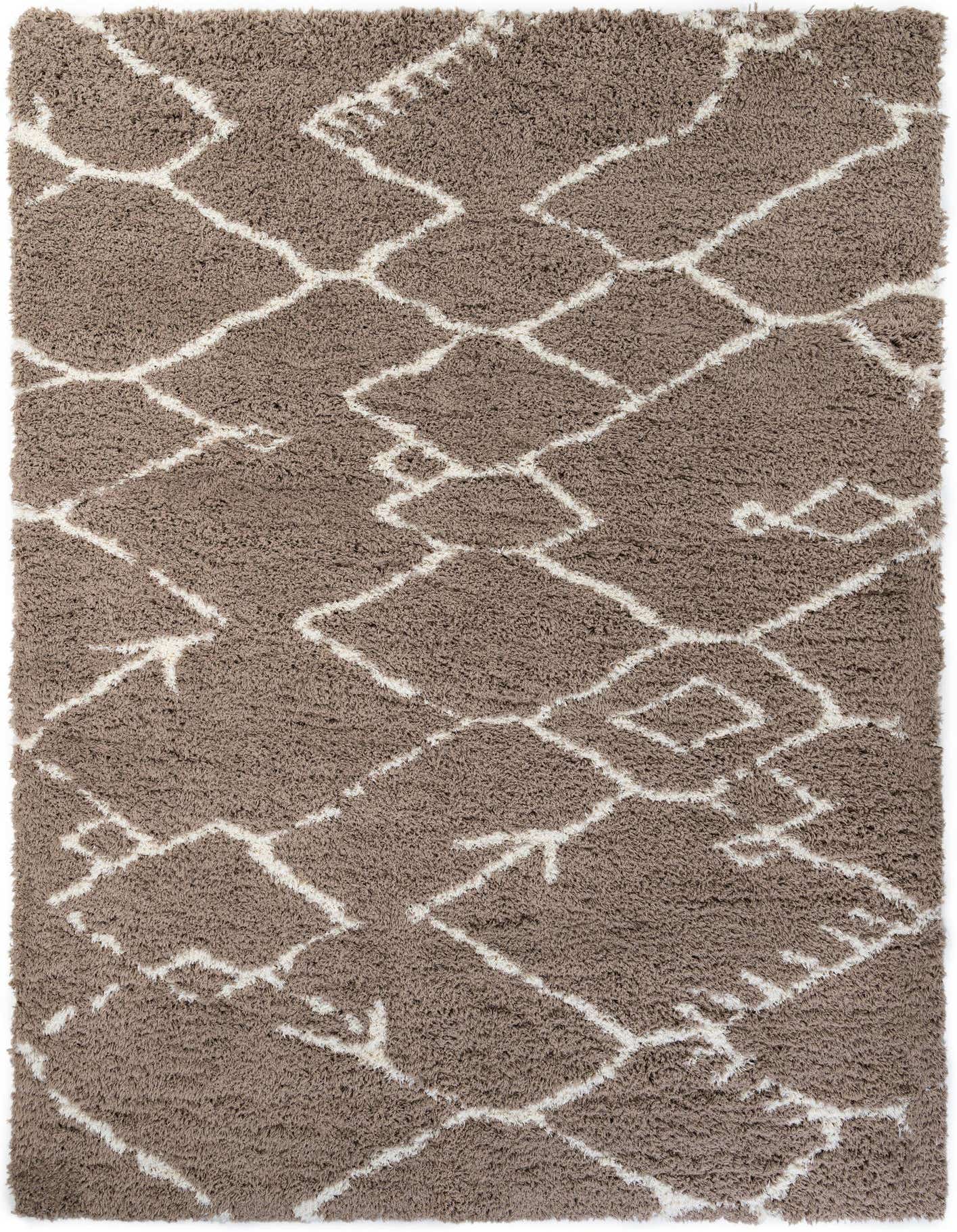 A 10x14 rectangular brown shag rug with a modern ivory geometric diamond pattern, suitable for indoor spaces.