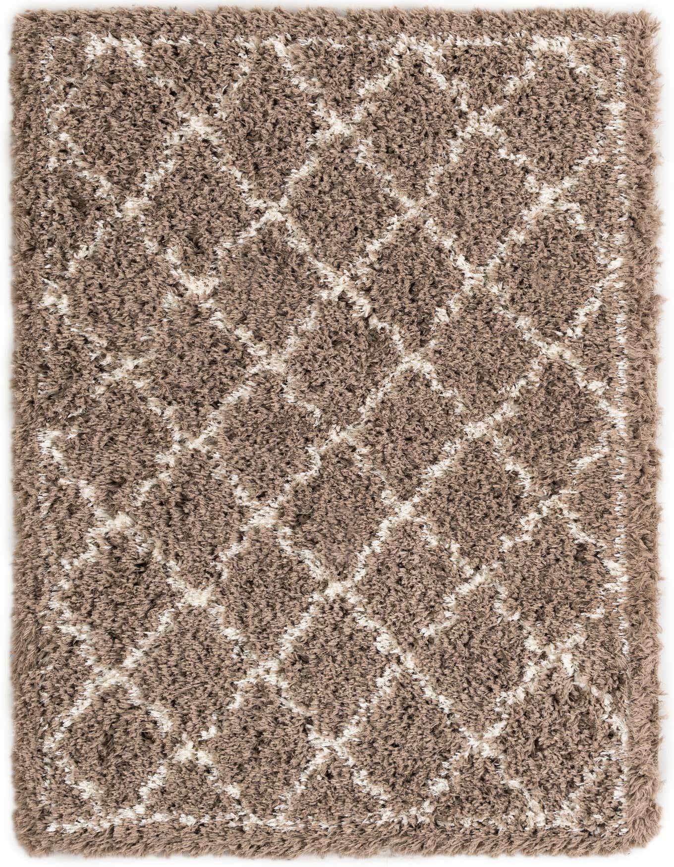 A 4x6 rectangular brown shag rug with a modern ivory diamond trellis pattern, perfect for a living room.