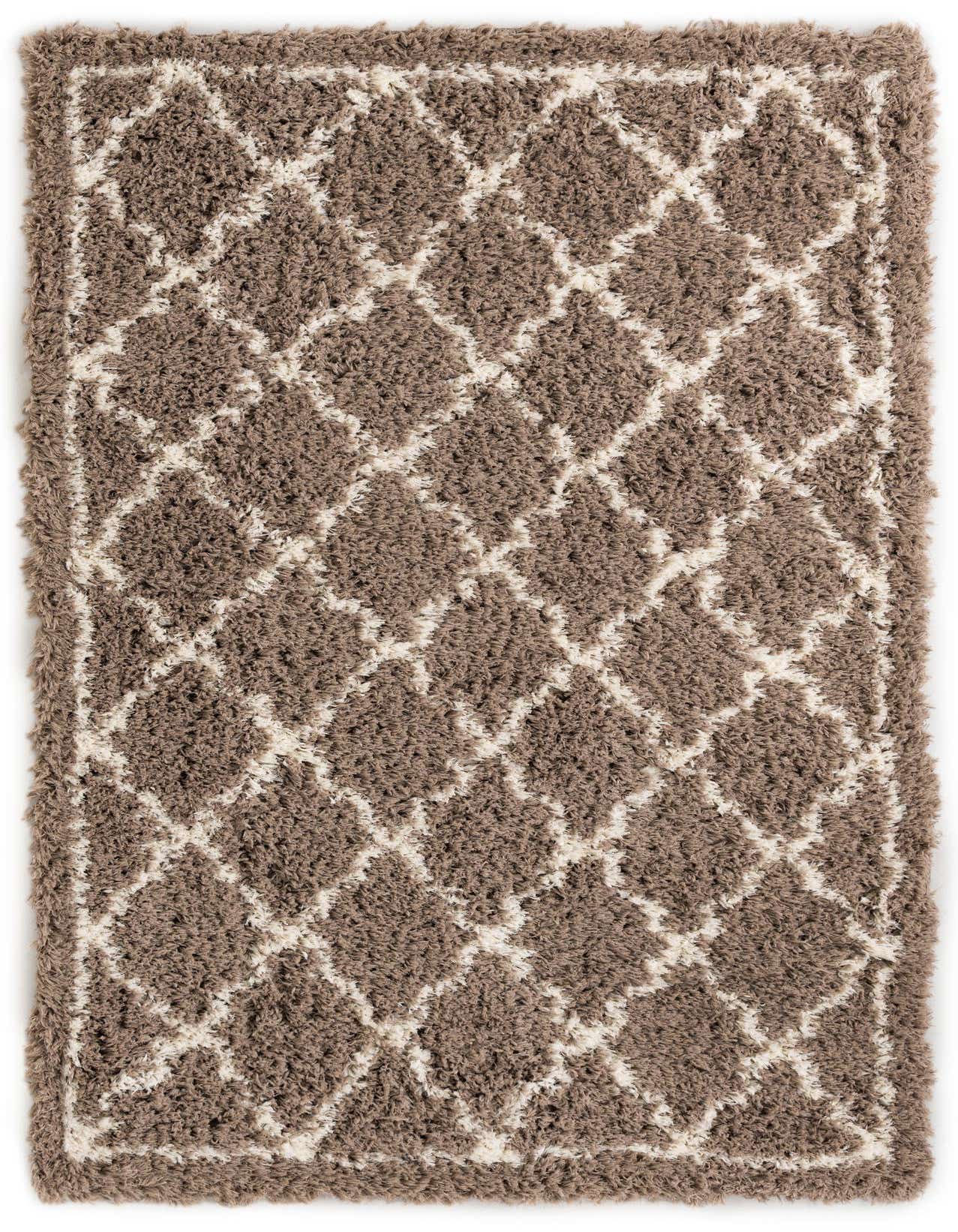 A 5x8 rectangular Infinity Shag rug in brown and ivory, featuring a modern geometric trellis pattern.
