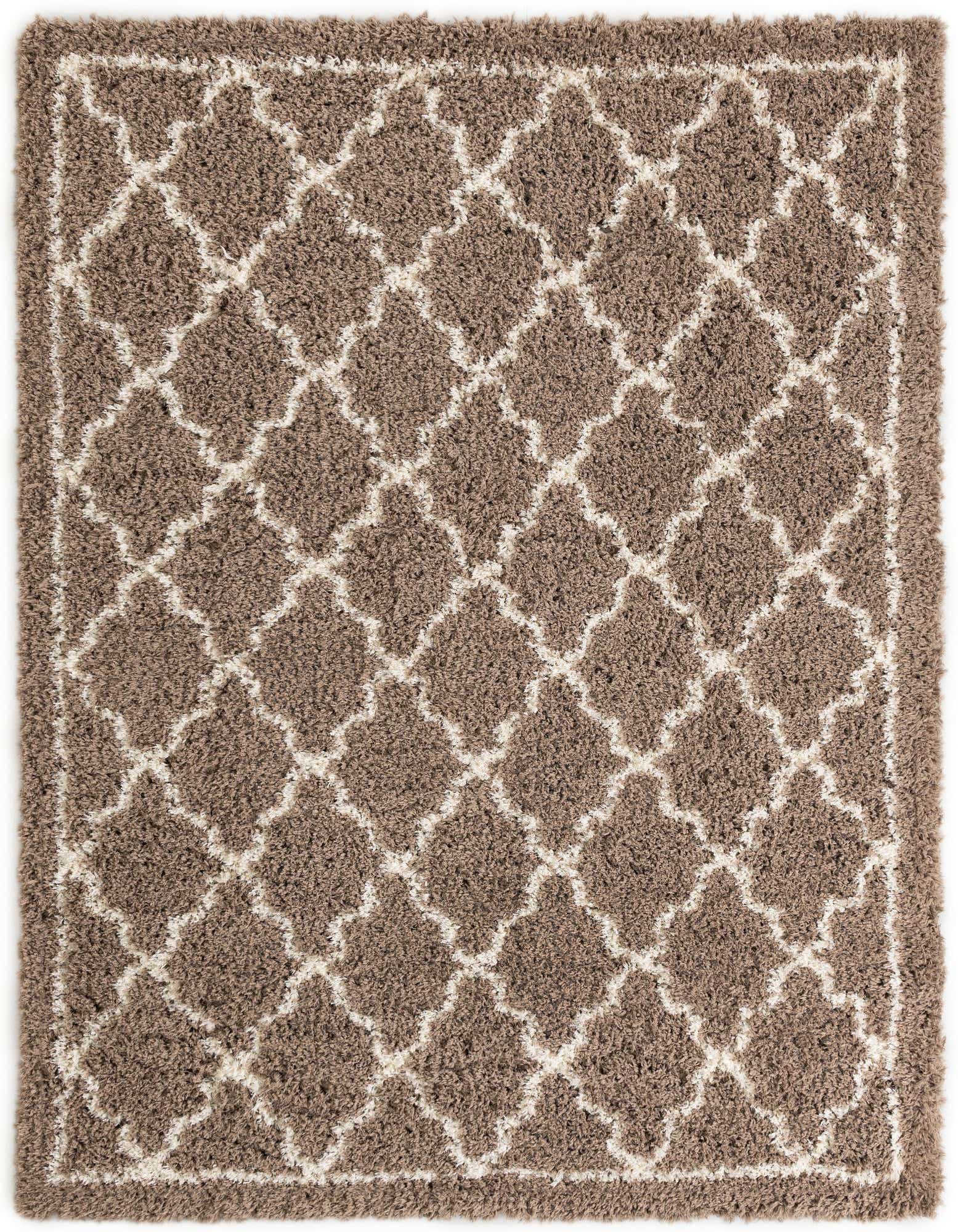 A rectangular 8x10 brown shag rug with a modern ivory trellis pattern, suitable for a living room.