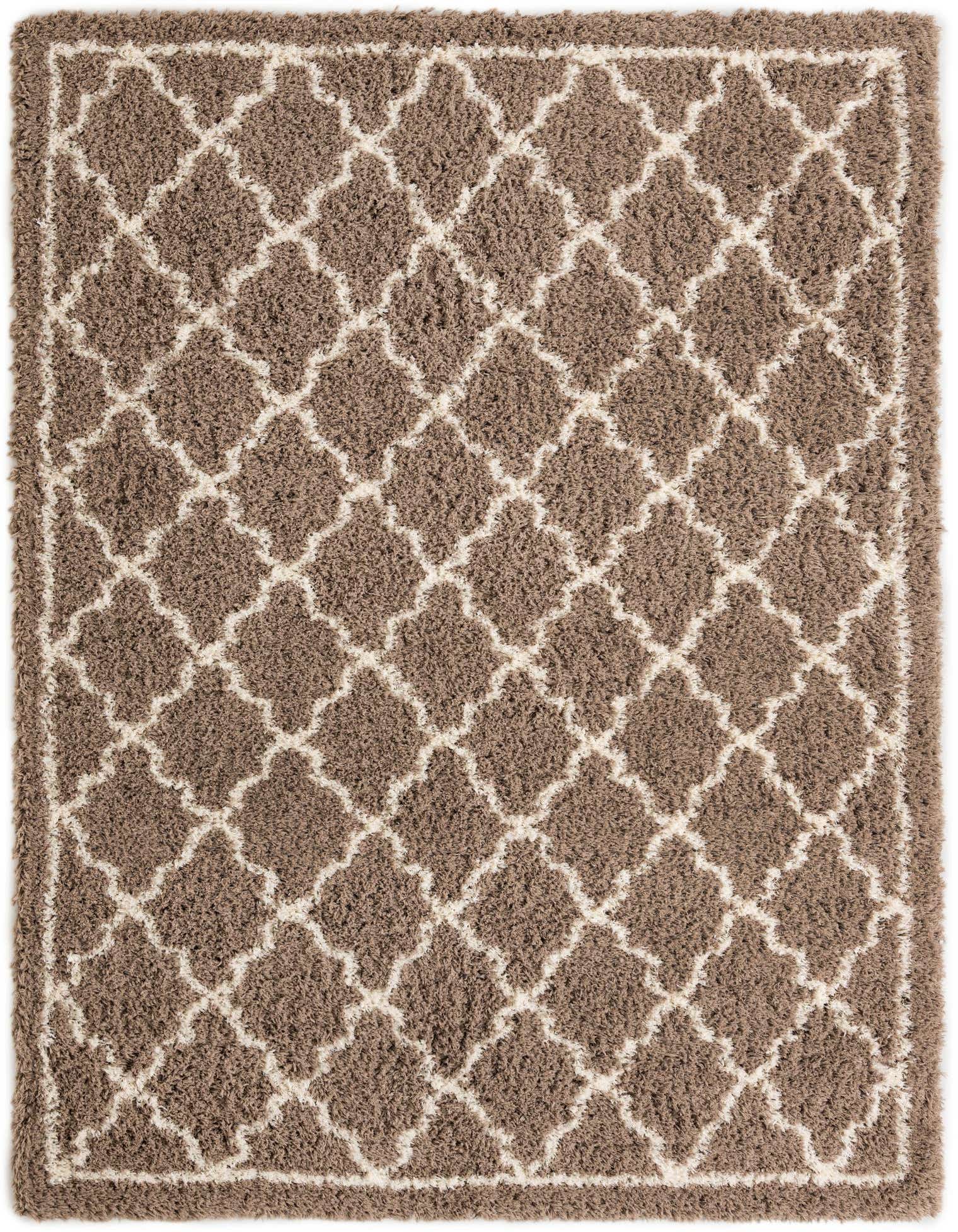 A 9x12 rectangular brown shag rug with a modern ivory trellis pattern, perfect for a living room.