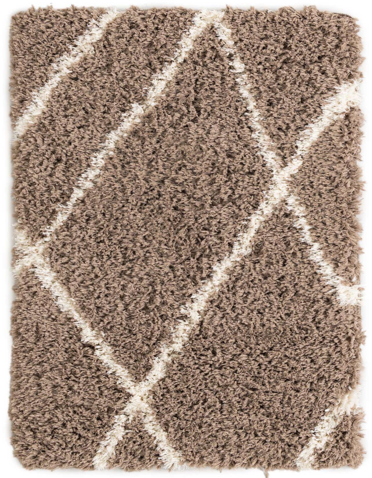 A rectangular 3x5 brown shag rug with a modern ivory diamond pattern, suitable for a living room.
