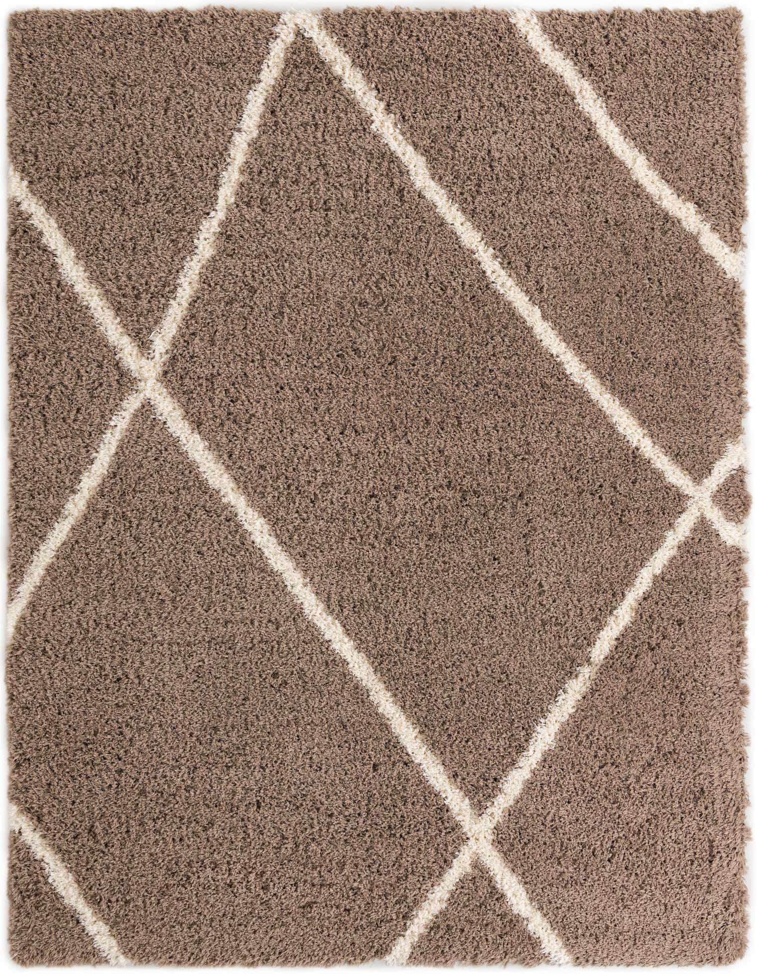A rectangular 9x12 brown shag rug with a modern ivory geometric diamond pattern, suitable for a living room.