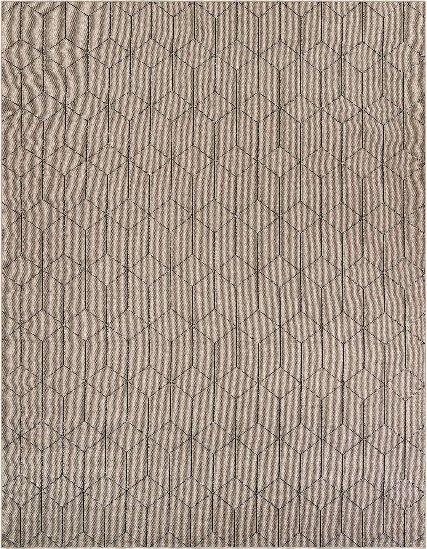 A 10x14 rectangular indoor/outdoor rug featuring a modern geometric trellis pattern in shades of brown and tan.