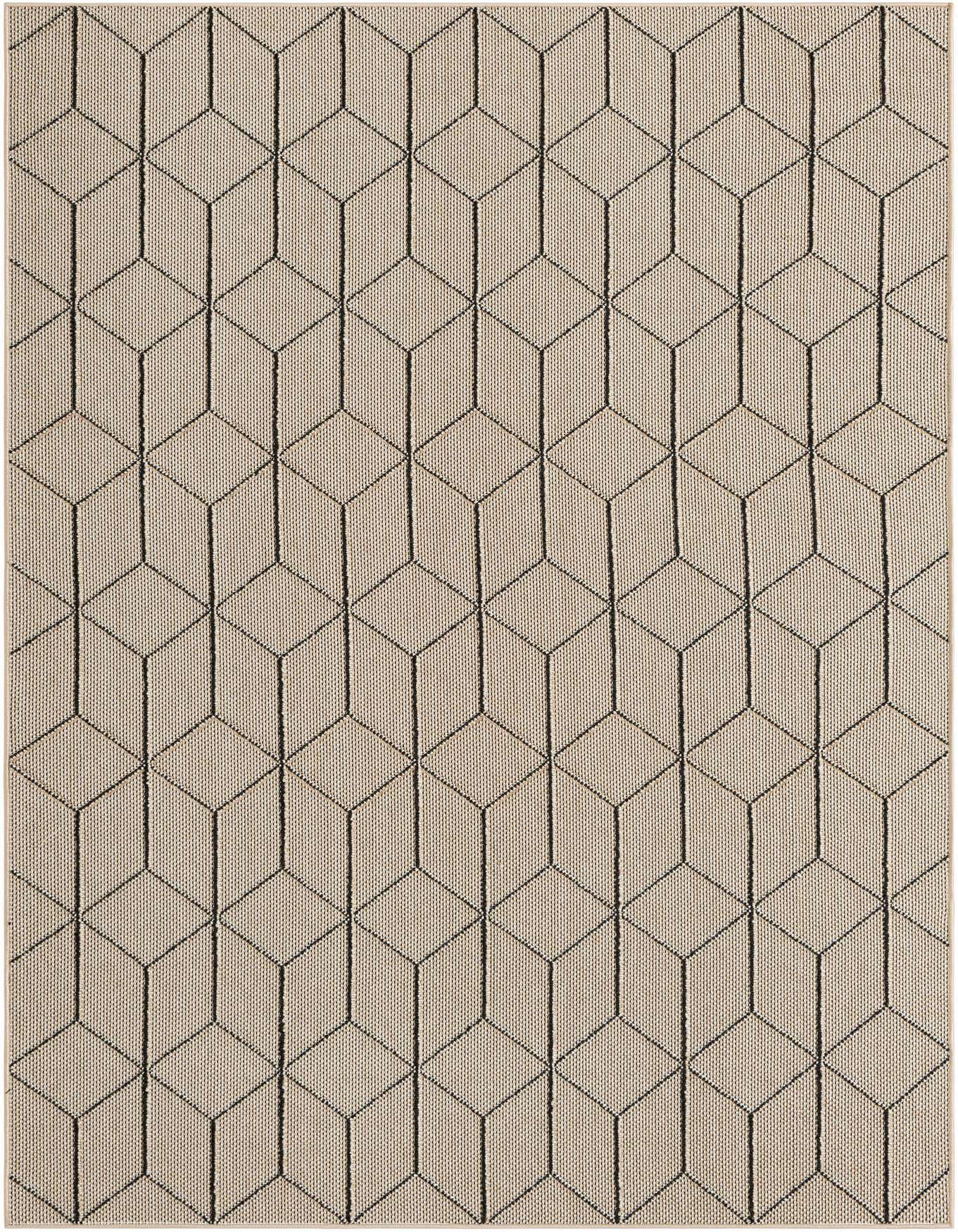 A 5x8 rectangular indoor/outdoor rug featuring a modern geometric trellis pattern in shades of brown and cream.