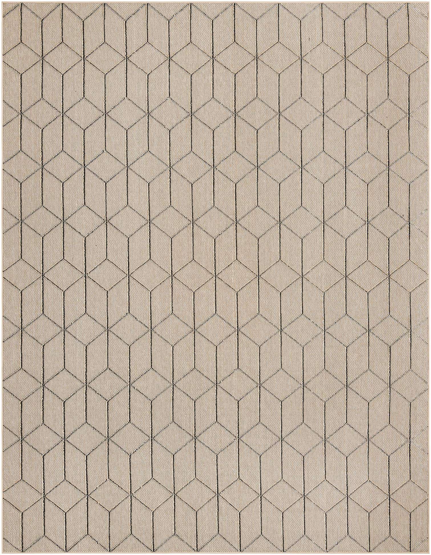 A 9x12 rectangular indoor/outdoor rug featuring a modern geometric trellis pattern in brown and cream.