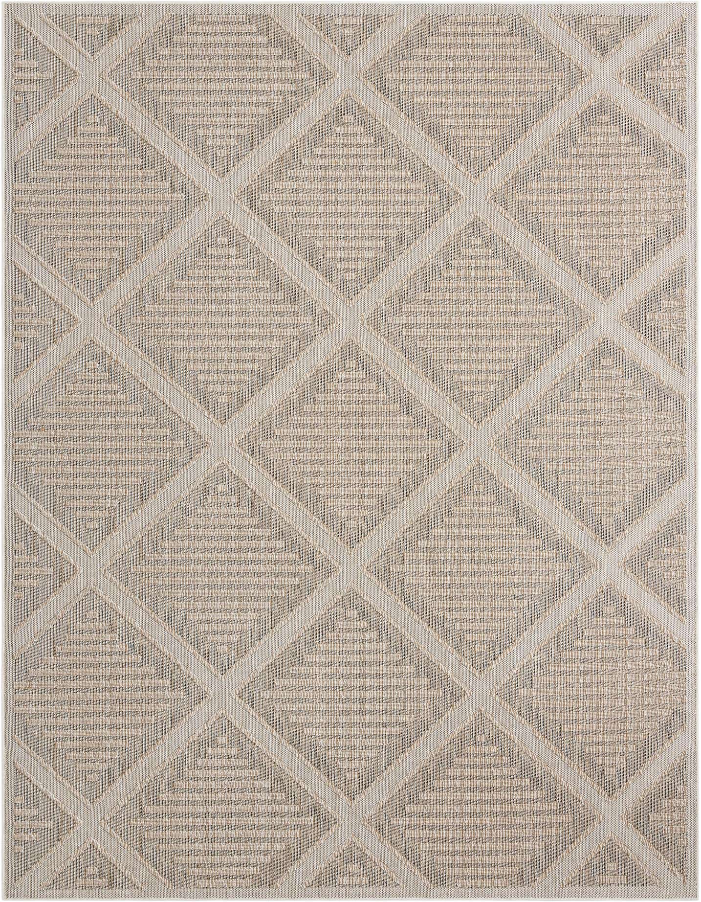A 10x14 rectangular Rugs.com Outdoor Lattice rug featuring a modern geometric diamond pattern in varying shades of brown, tan, and cream.