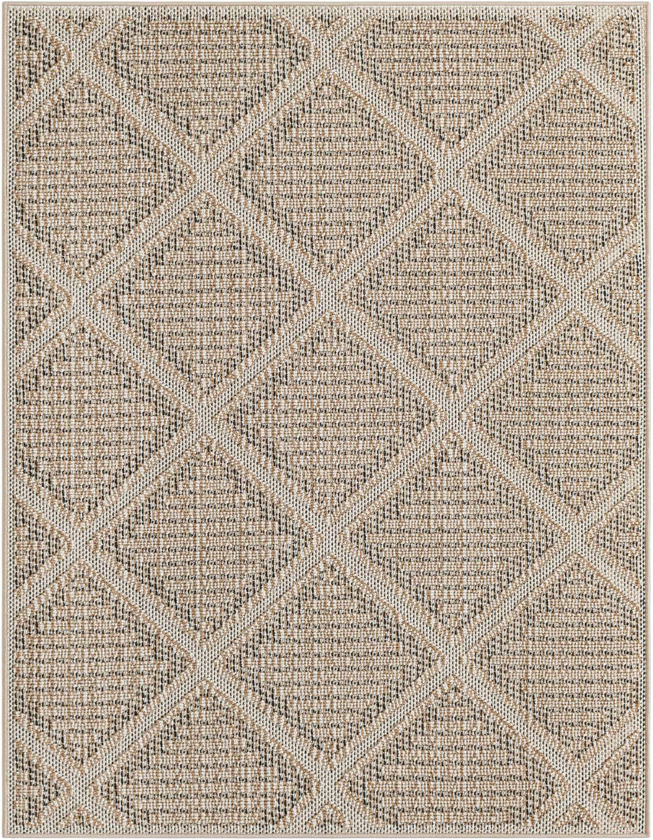 A 4x6 rectangular indoor/outdoor rug featuring a modern lattice pattern in shades of brown, tan, and cream.