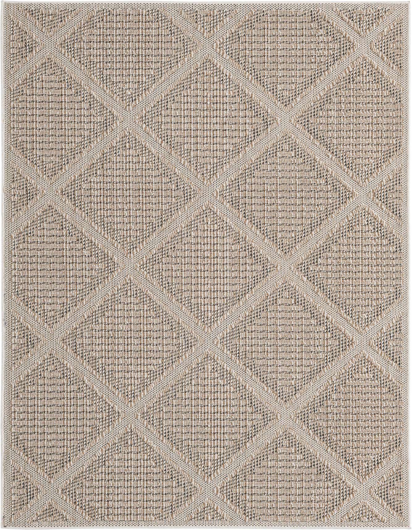 A 5x8 rectangular brown and ivory modern indoor/outdoor rug with a flat pile and geometric lattice pattern.