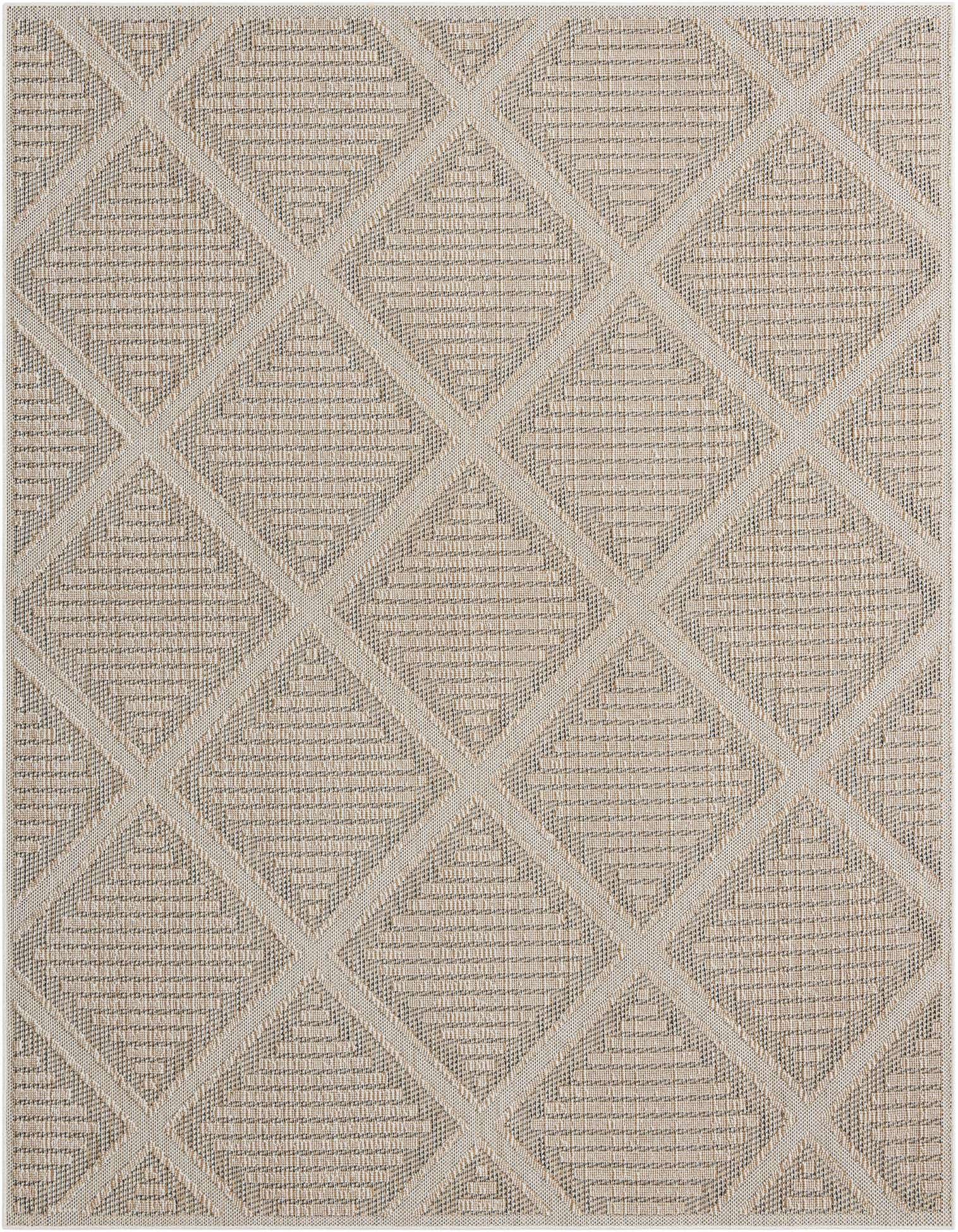 A 9x12 rectangular indoor/outdoor rug featuring a modern lattice diamond pattern in shades of brown and tan.