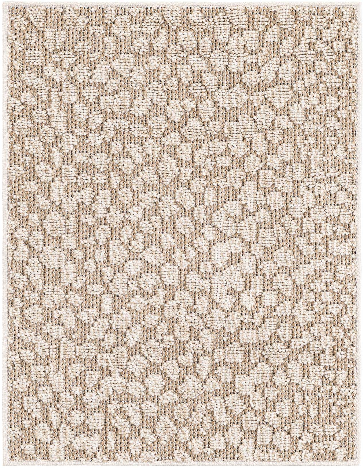 A 2x3 rectangular Rugs.com Outdoor Safari rug featuring a modern abstract pattern in brown and ivory tones, suitable for indoor or outdoor use.