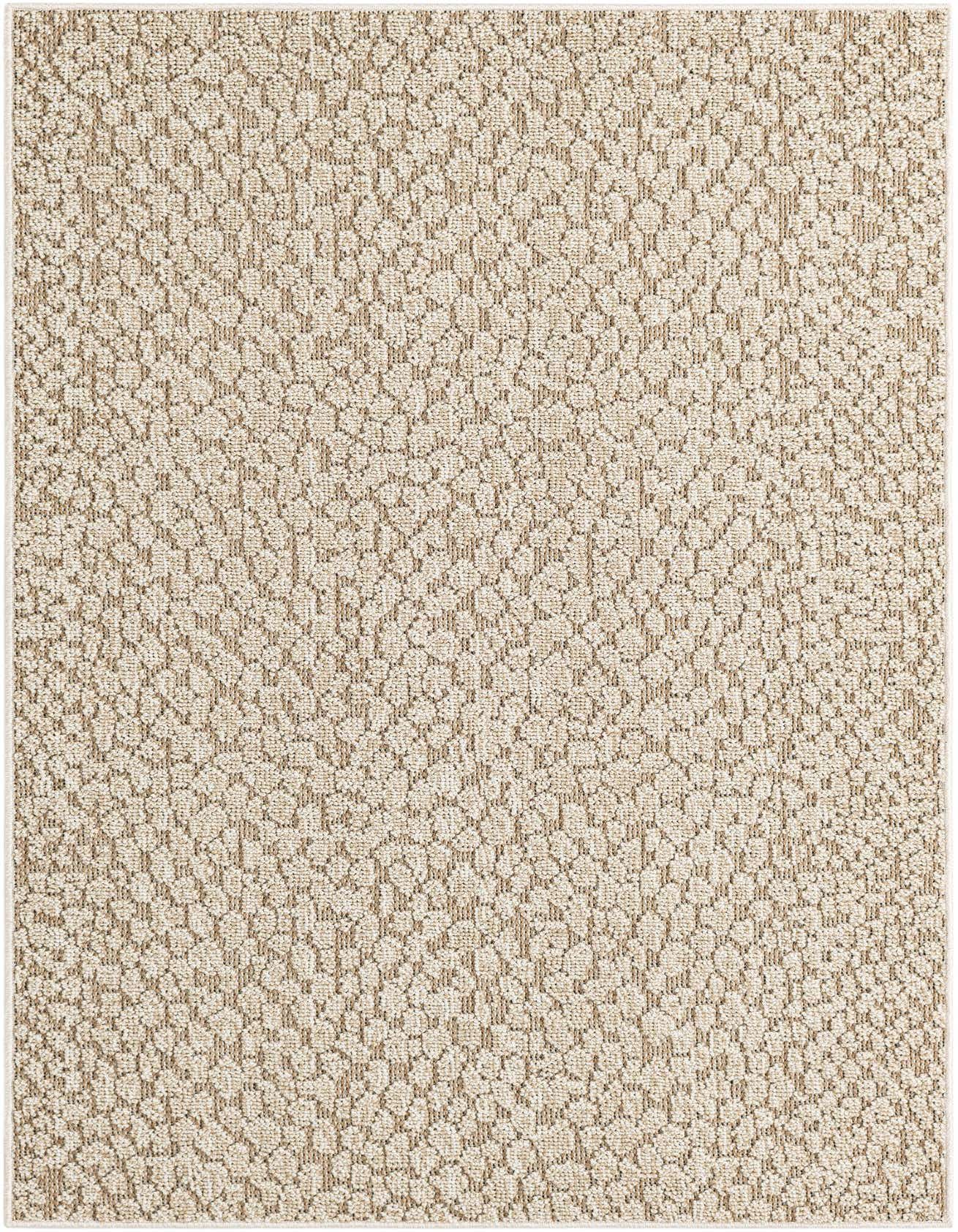 A 4x6 rectangular Rugs.com Outdoor Safari rug featuring an abstract pattern in varying shades of brown, tan, and cream.