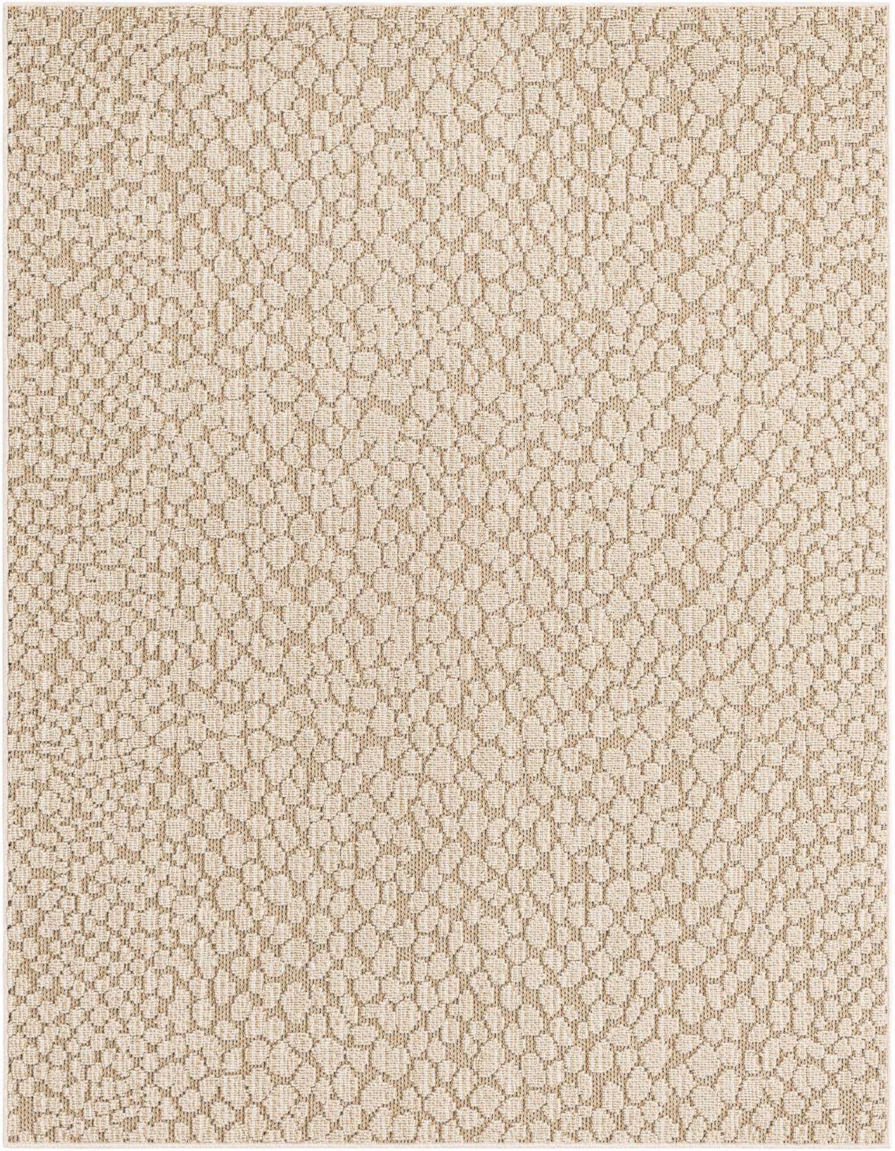 A 5x8 rectangular Rugs.com Outdoor Safari rug featuring an abstract, modern pattern in shades of brown, tan, and cream.