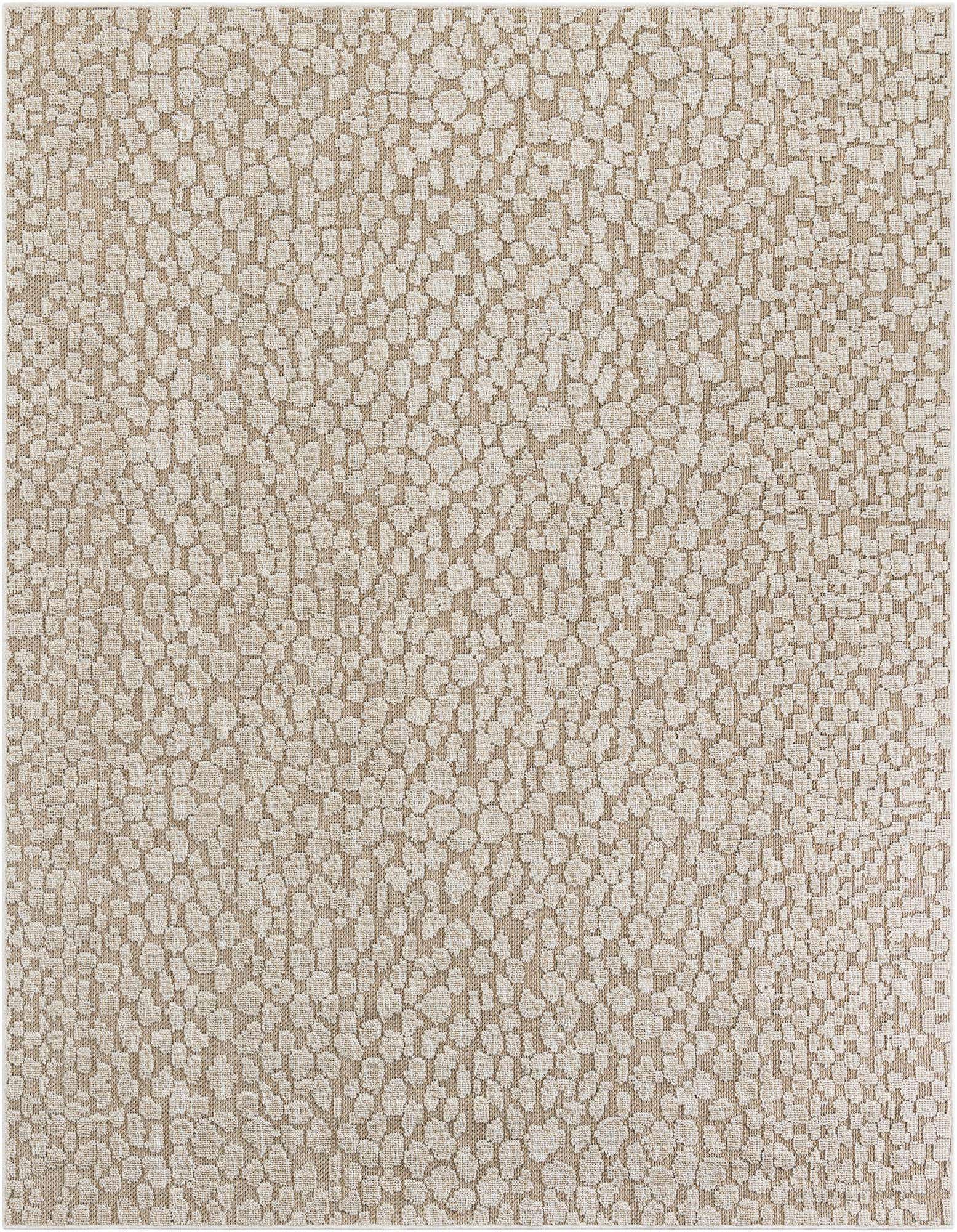 An 8x10 rectangular brown and ivory modern abstract rug with a textured, pebble-like pattern, suitable for indoor or outdoor use.