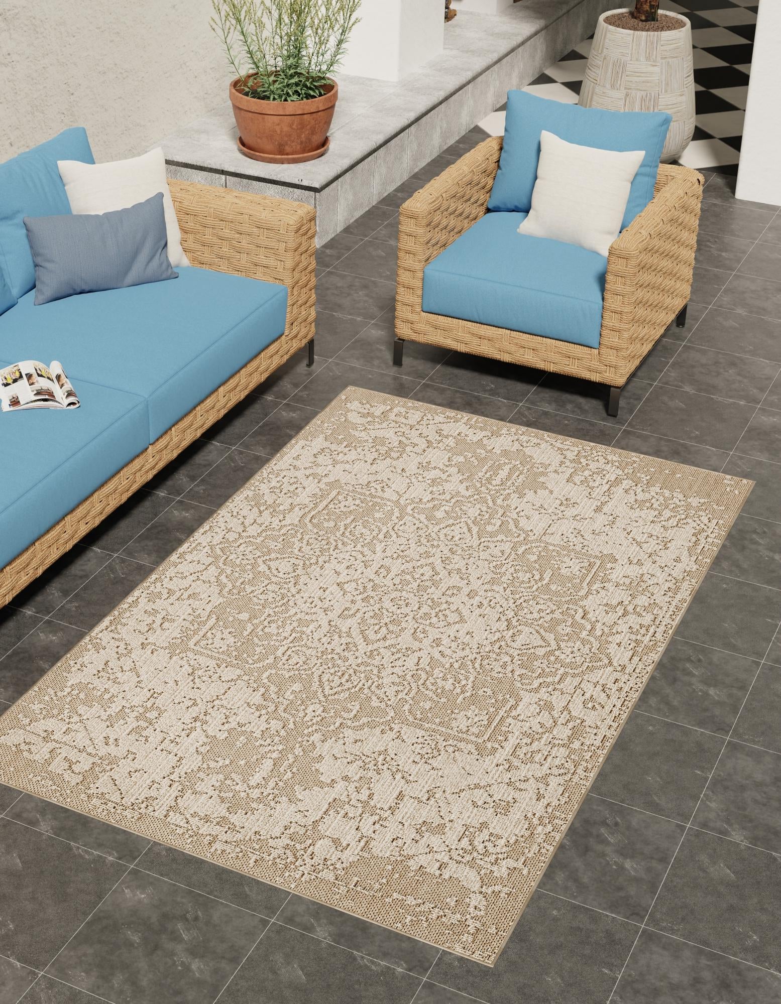 Khaki 9' x 12' Traditional Indoor / Outdoor Rug | Rugs.com