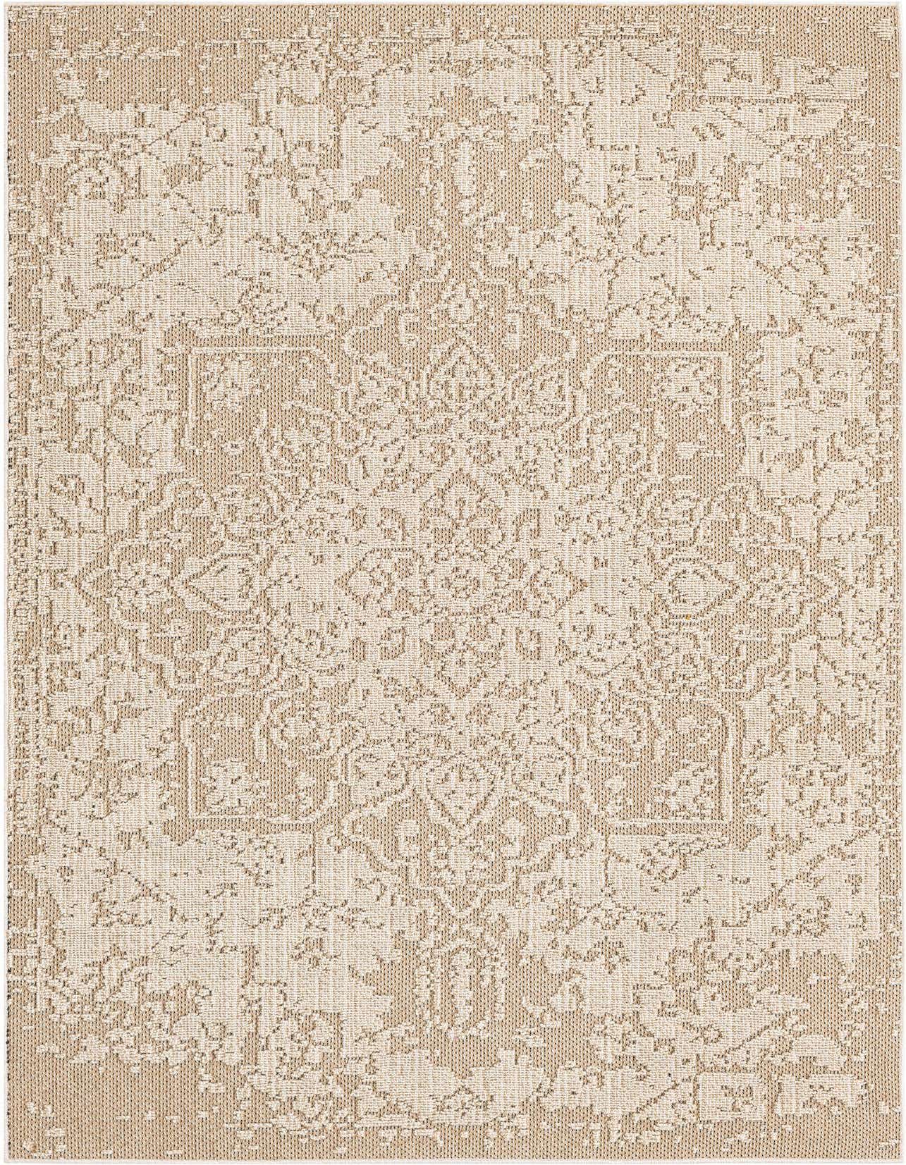 A 5x8 rectangular indoor/outdoor rug featuring a distressed traditional medallion pattern in shades of brown and ivory.