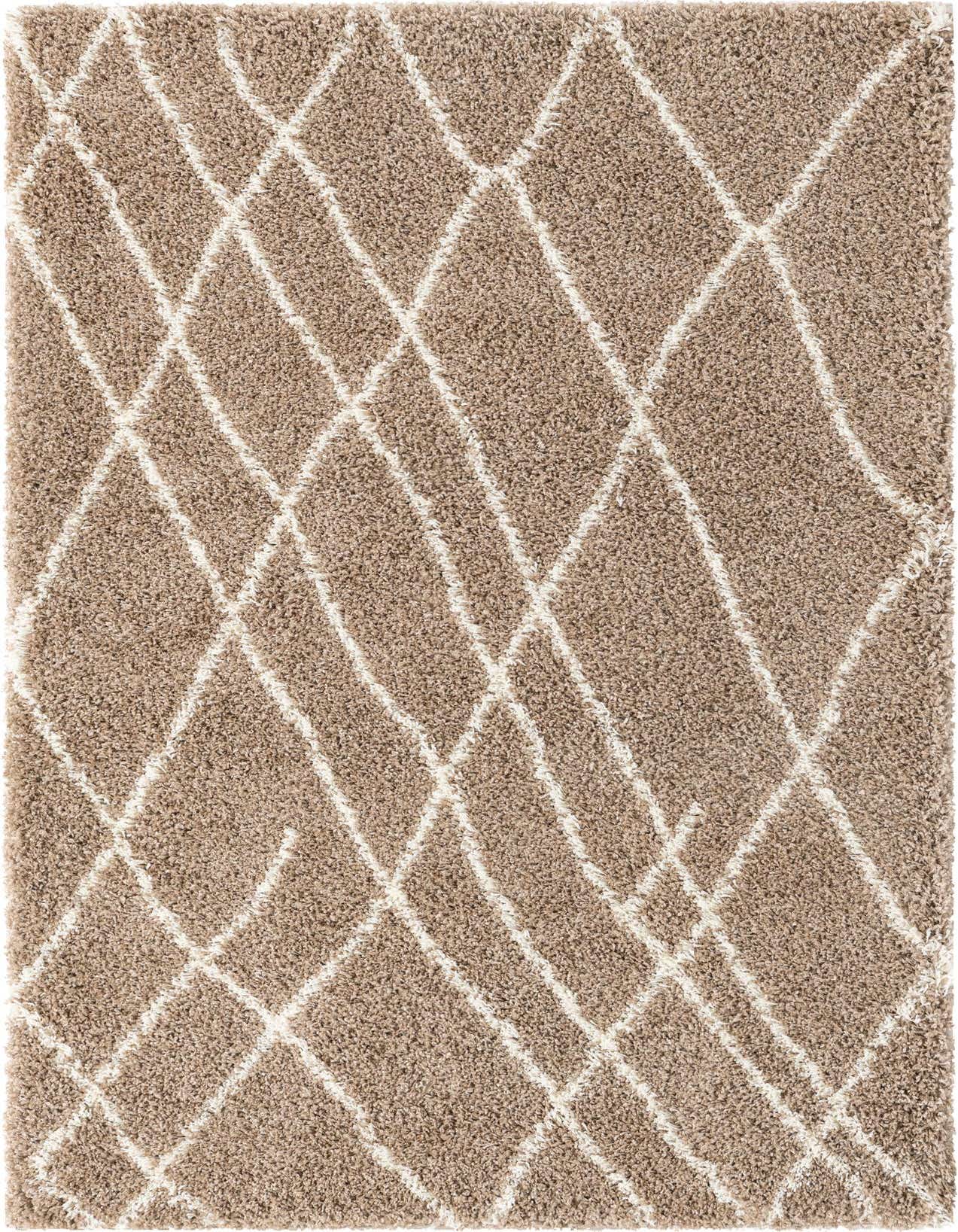 A 3x5 rectangular brown shag rug with an ivory diamond trellis pattern, featuring a soft, textured pile.