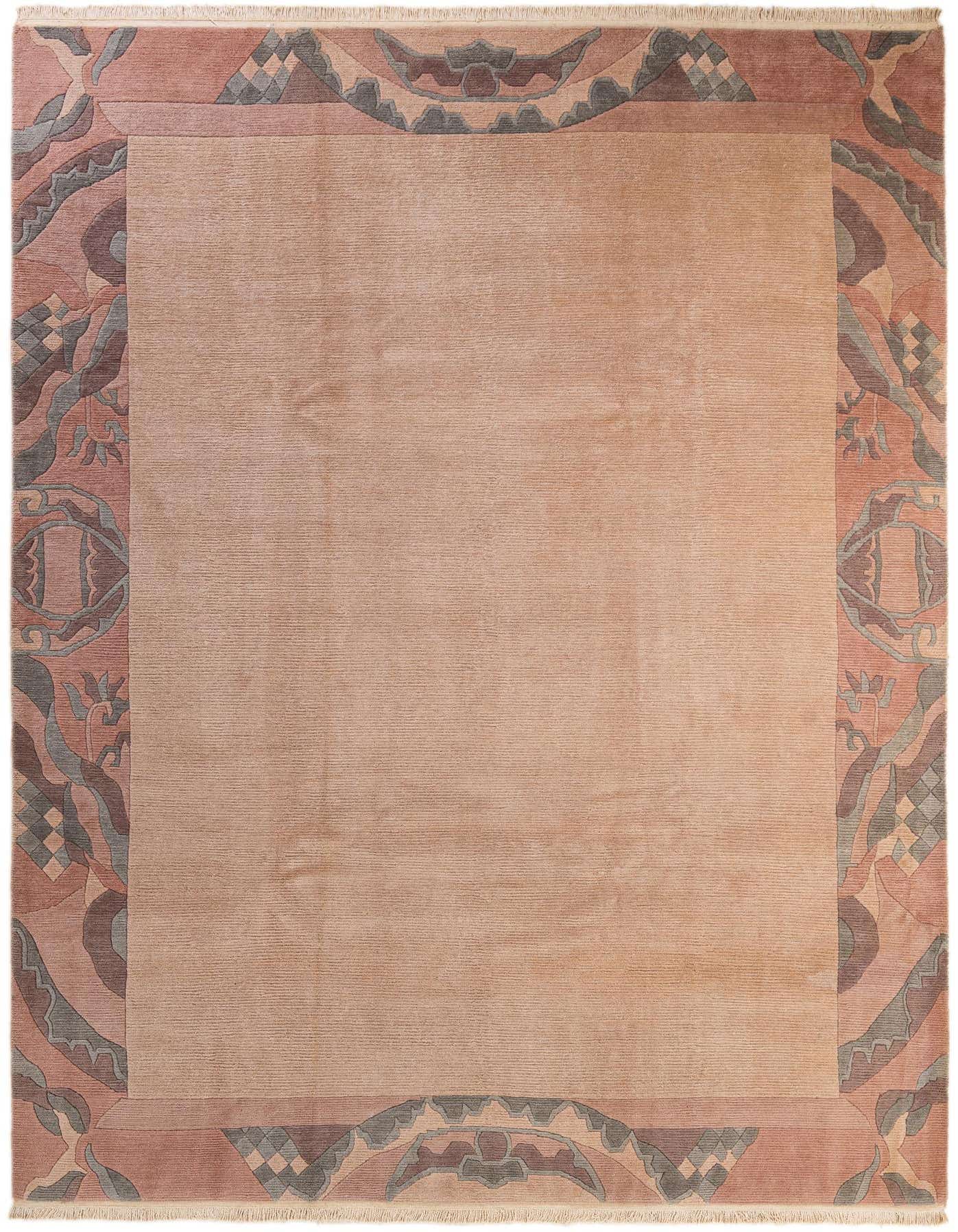 A 9x12 rectangular modern area rug with a solid tan center and an abstract border in shades of brown, cream, and gray.