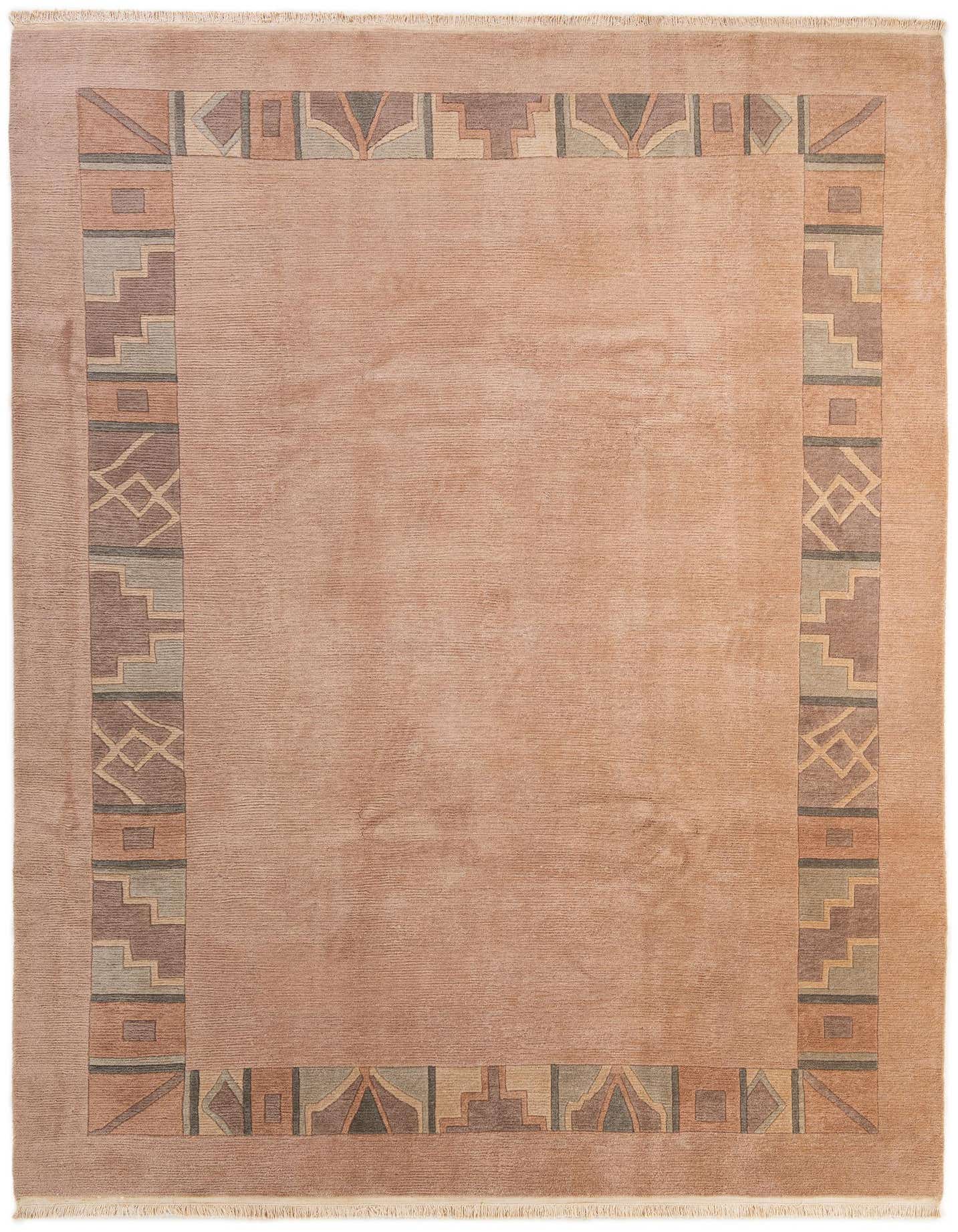 A rectangular 8x11 brown wool area rug with a modern abstract border in tans, creams, and grays.