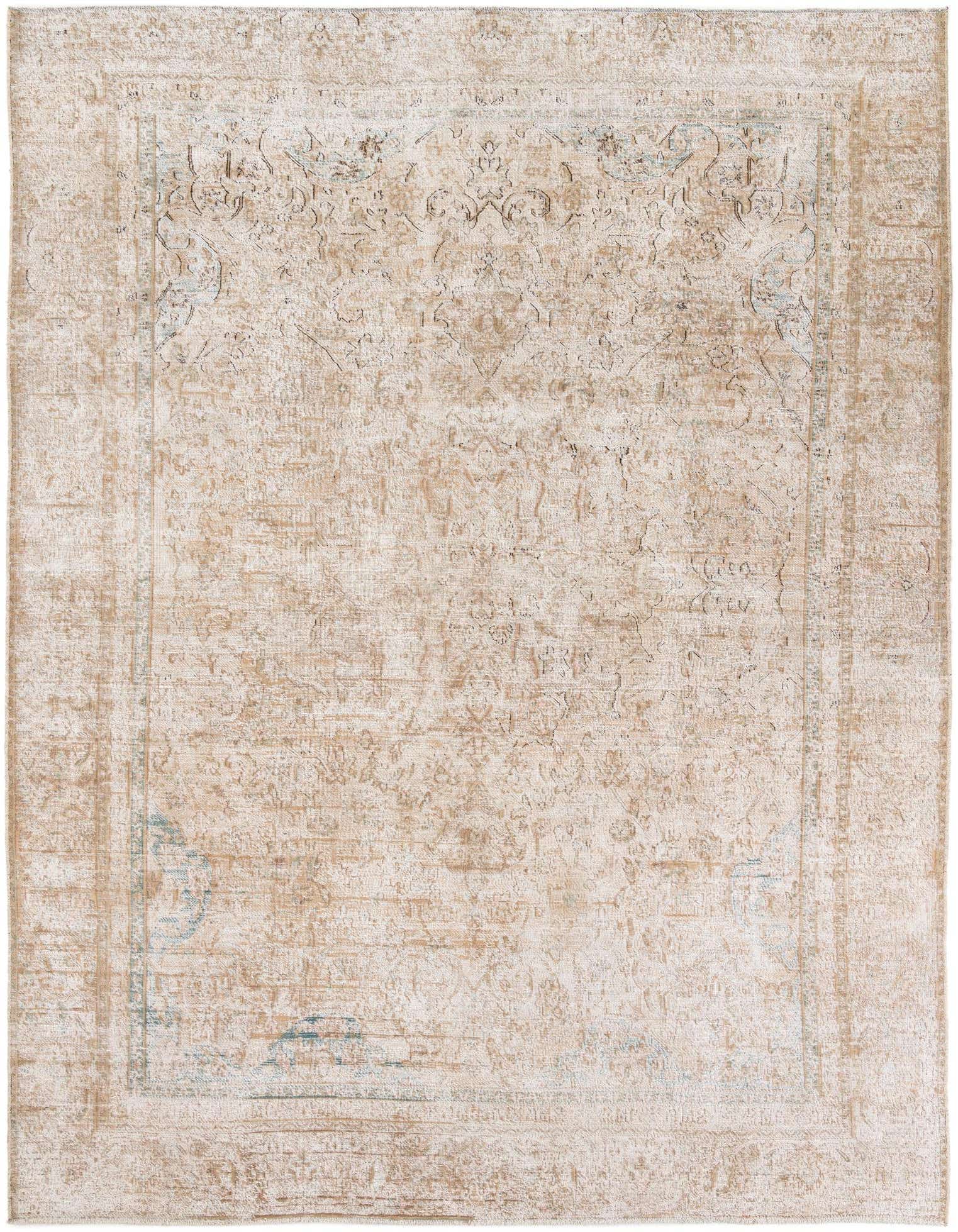 A 9x11 rectangular Ultra Vintage wool rug featuring a distressed Persian medallion pattern in shades of brown, tan, and cream.