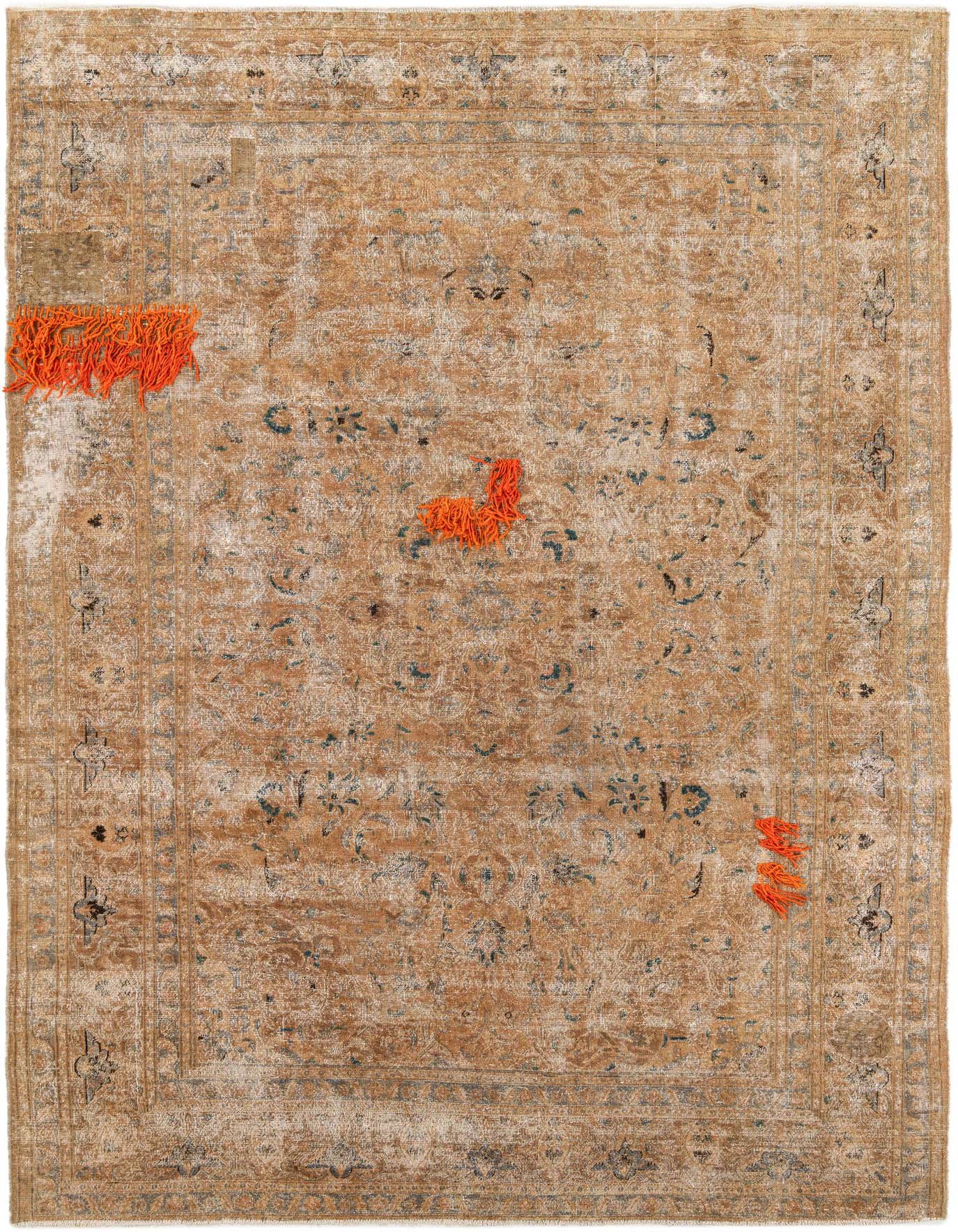 An 8x11 rectangular brown and ivory Persian-style wool rug with a distressed medallion pattern and orange accents.