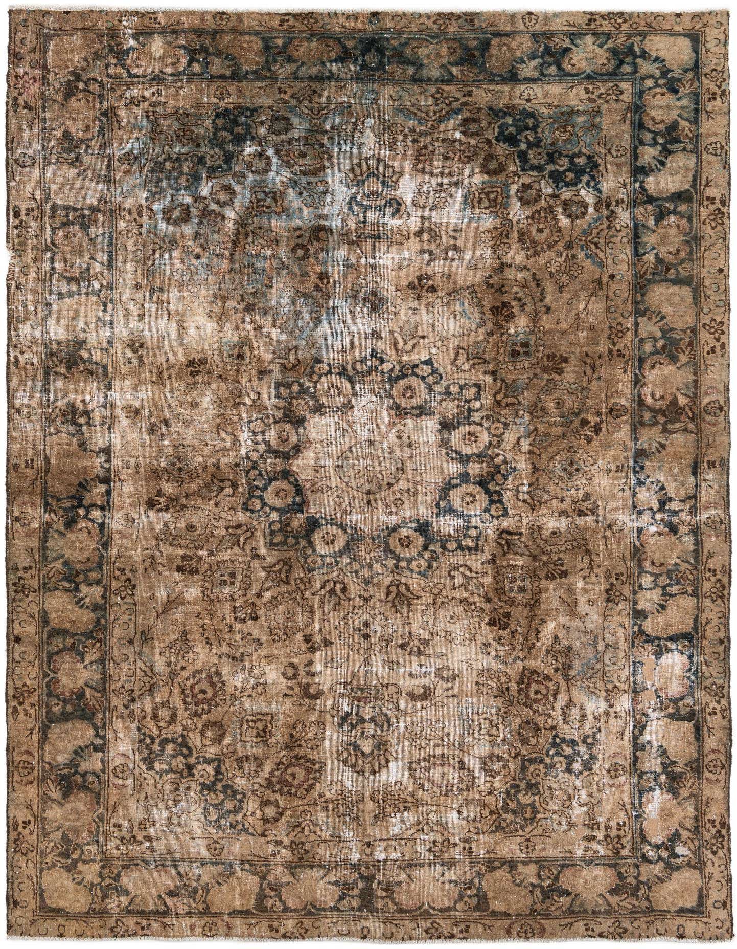 A 7x10 rectangular Ultra Vintage rug featuring a faded Persian medallion pattern in brown, tan, and cream tones.