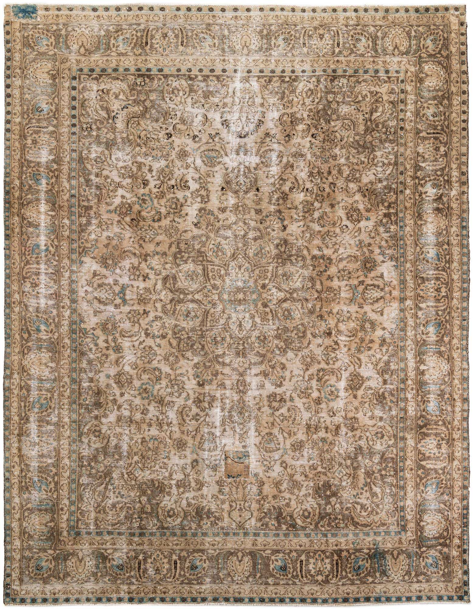 A 9x12 rectangular Ultra Vintage Persian rug in browns, tans, and creams, featuring a faded medallion and floral pattern.