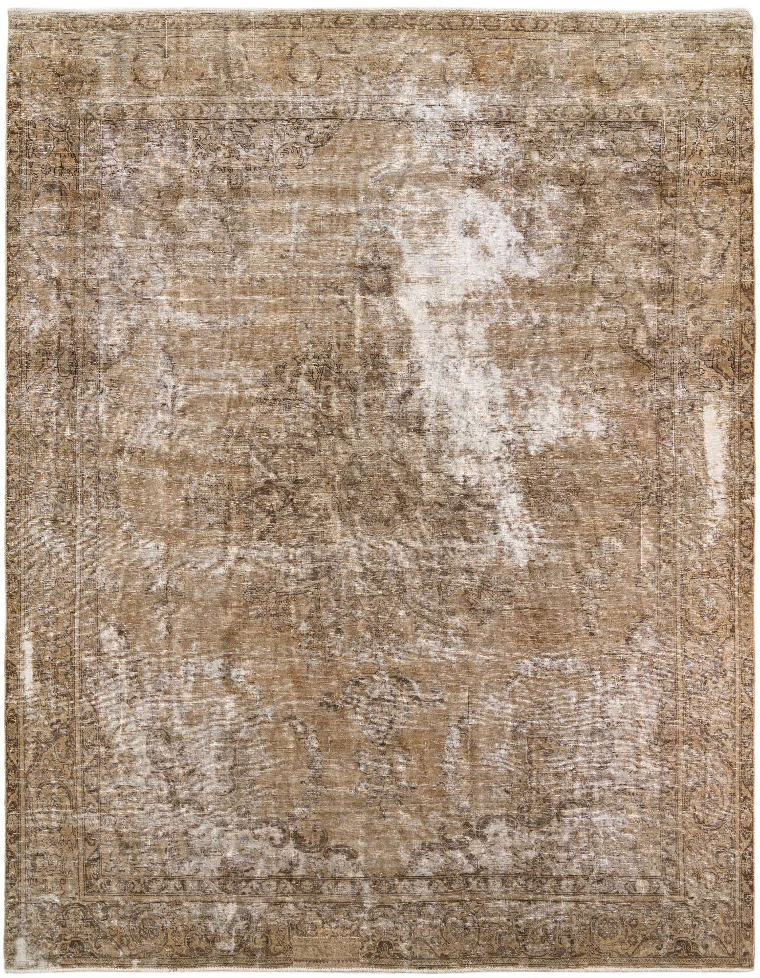 A 9x12 rectangular brown and ivory Persian-style wool rug with a distressed vintage medallion pattern, ideal for a living room.