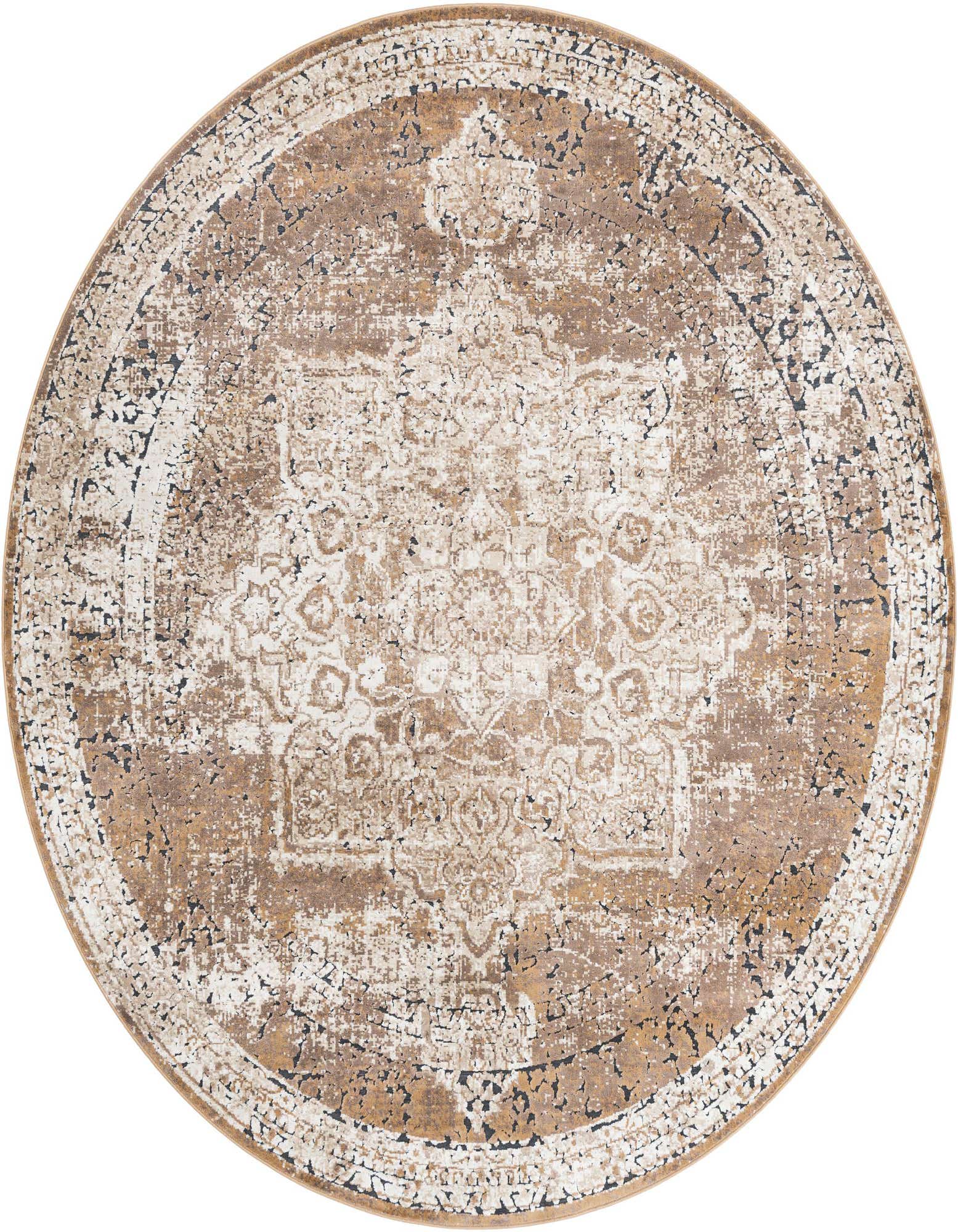 A round 7' 10 x 7' 10 Eliza collection rug featuring a distressed medallion pattern in browns, tans, and ivories.
