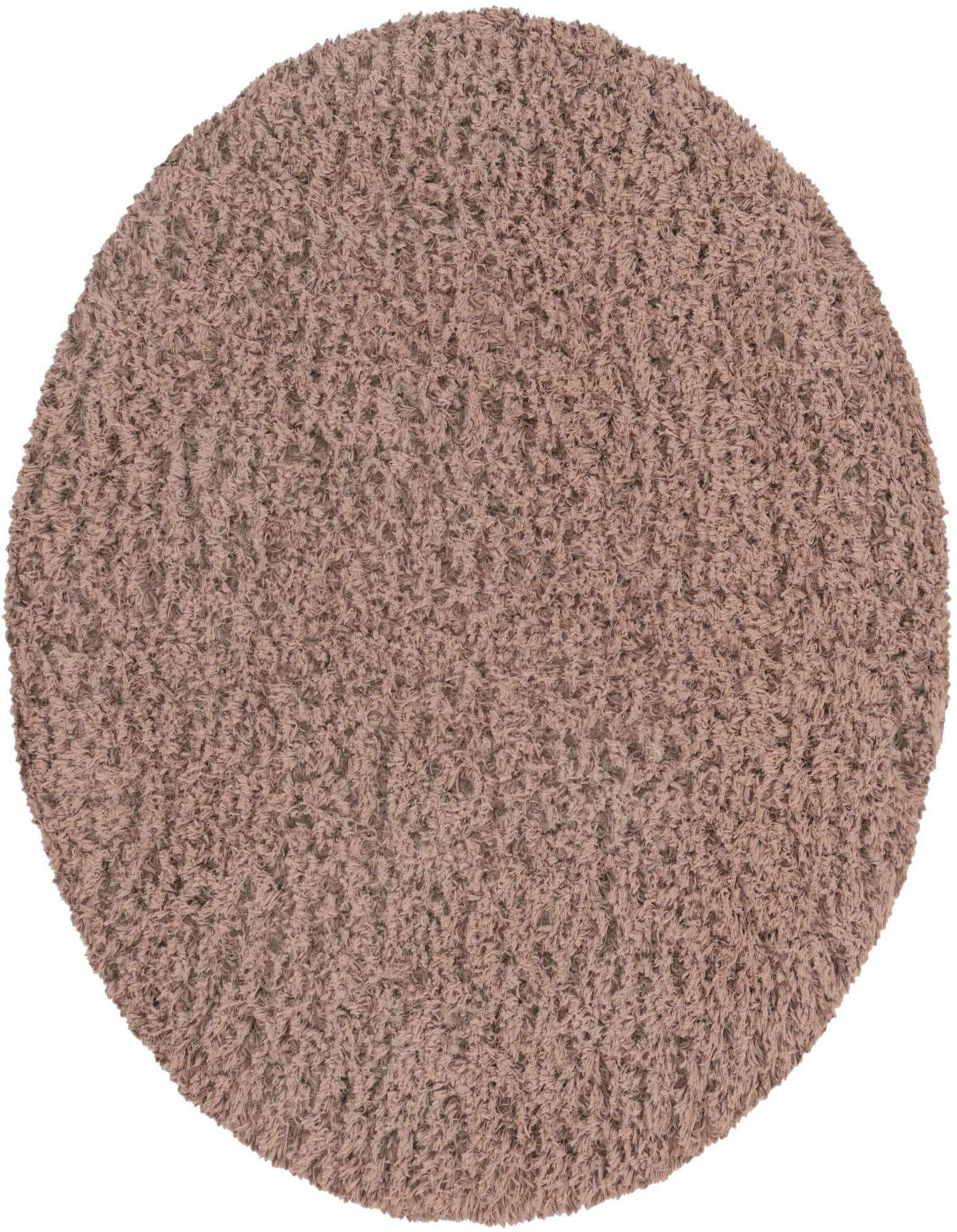 A 5' 0 x 5' 0 round brown shag rug with a textured pile, suitable for indoor use.