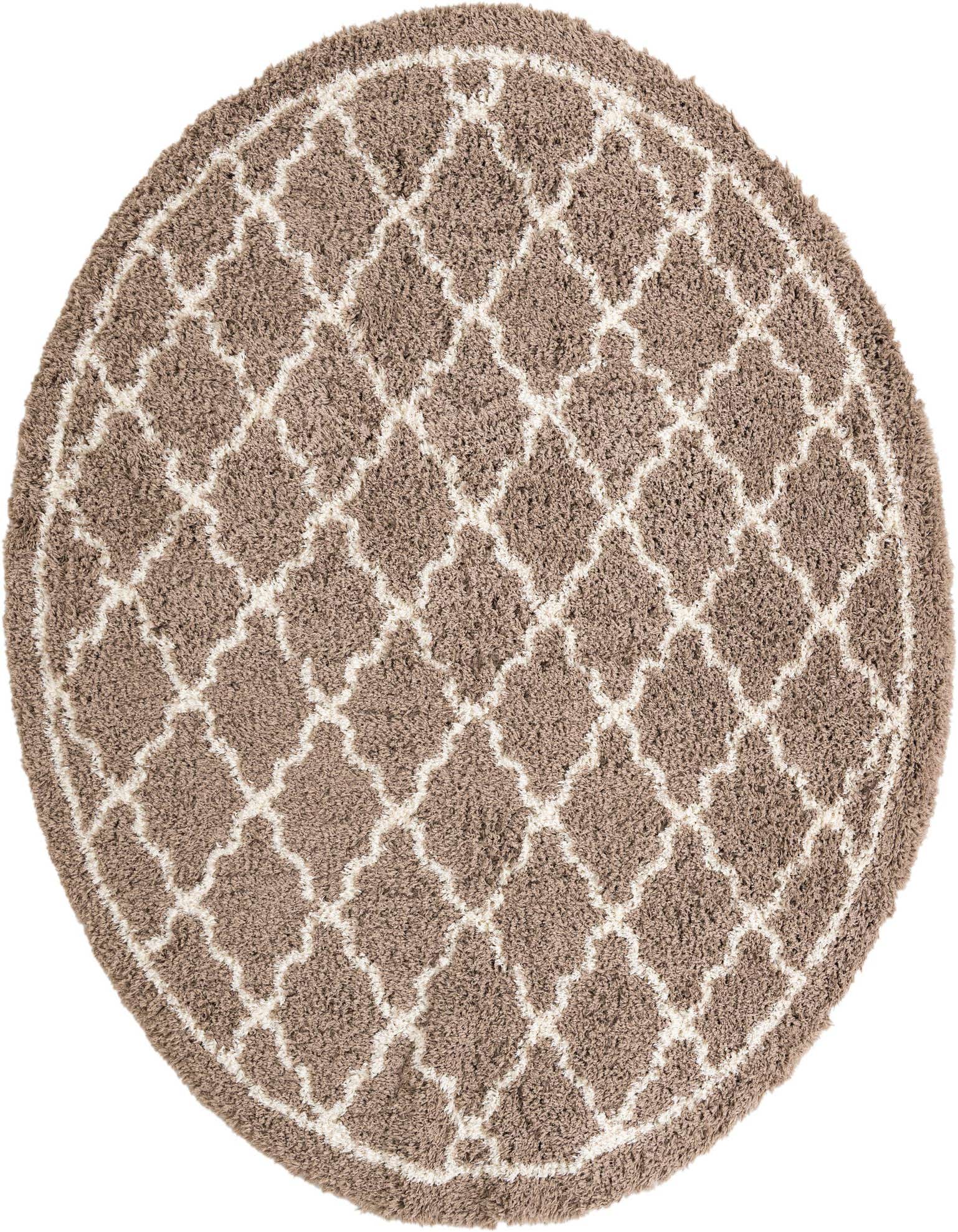 A 10-foot round brown shag rug with a modern ivory trellis pattern and a thin border.