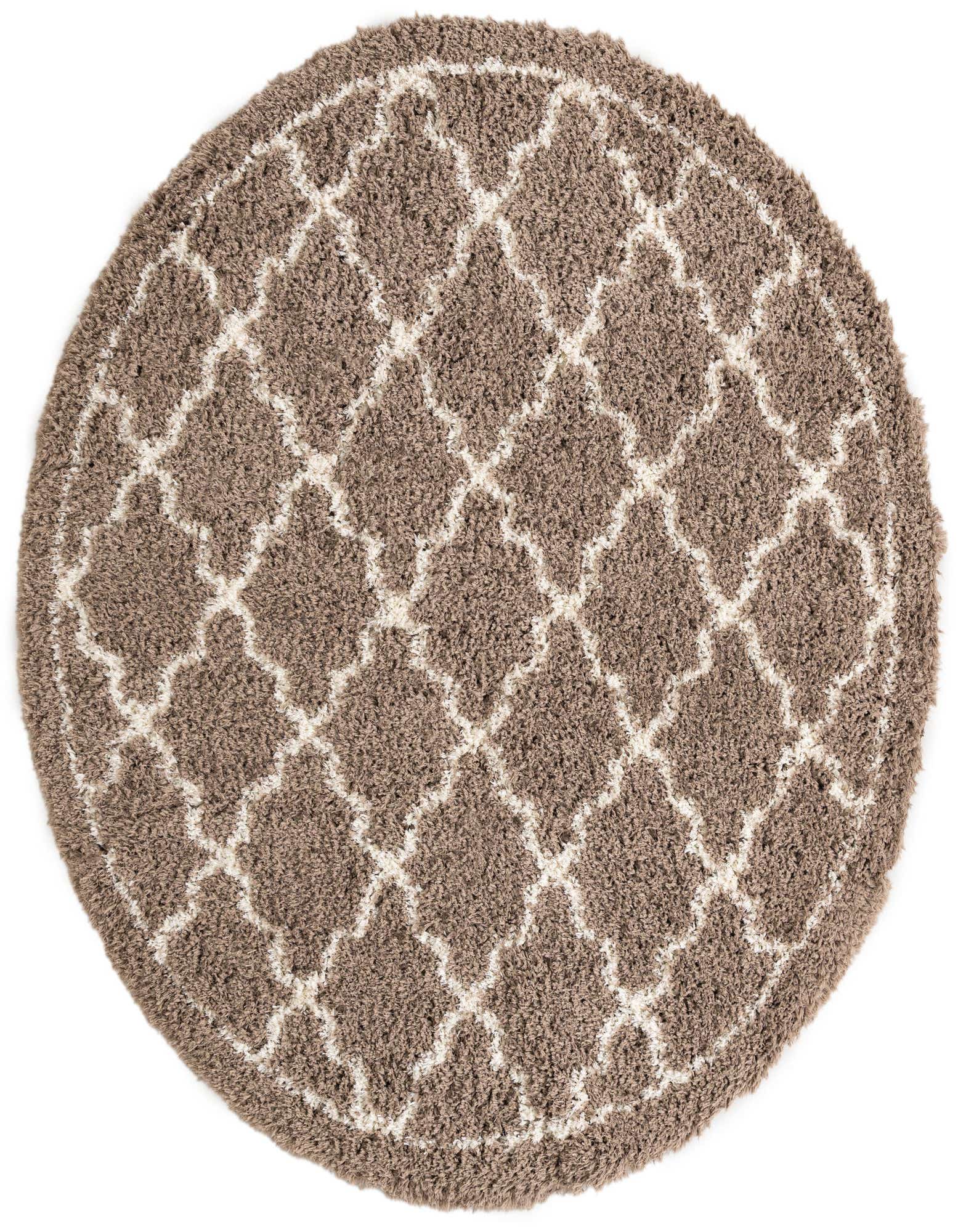 A round brown shag rug with an ivory modern geometric trellis pattern, suitable for a living room or bedroom.
