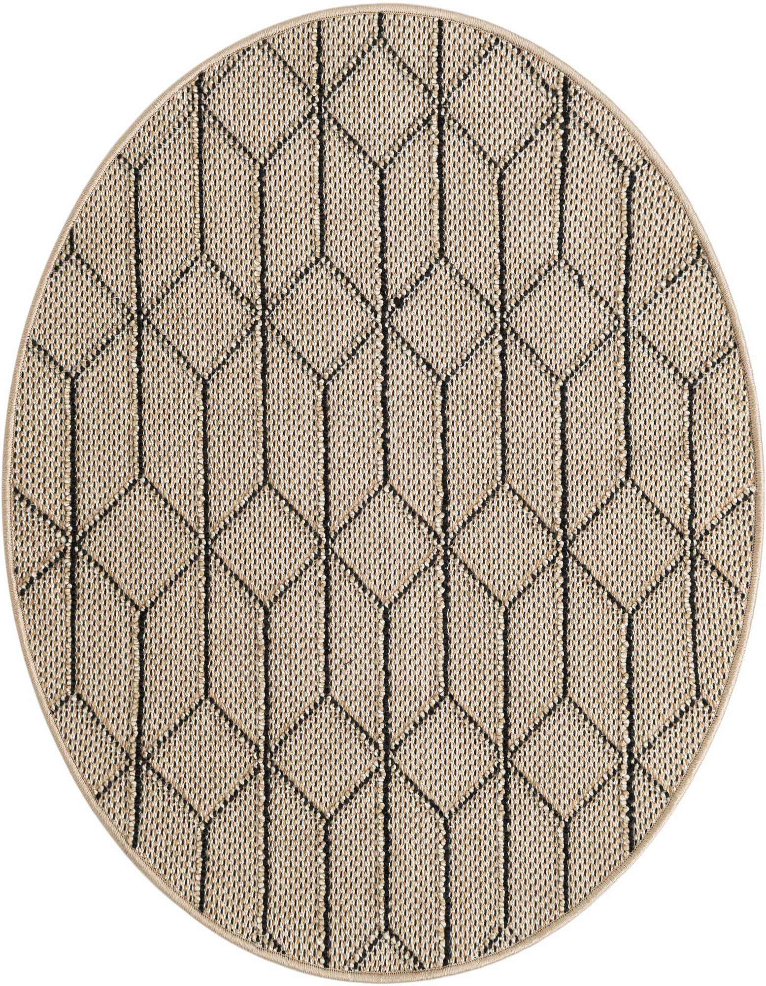 A 3' 1 x 3' 1 round indoor/outdoor rug with a modern trellis pattern in browns, tans, and ivories.