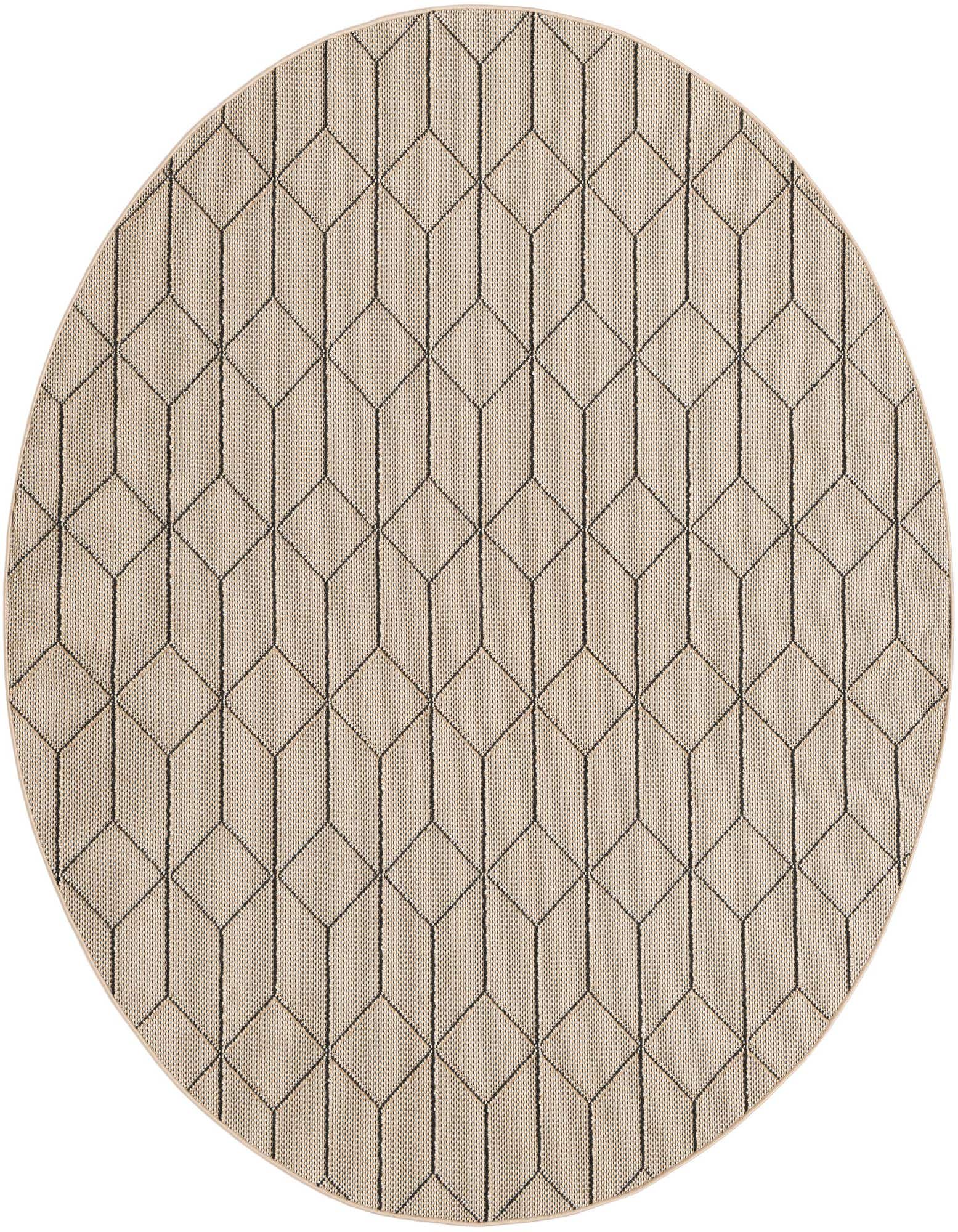 A 7' 10 round indoor/outdoor rug with a modern brown and tan geometric trellis pattern.
