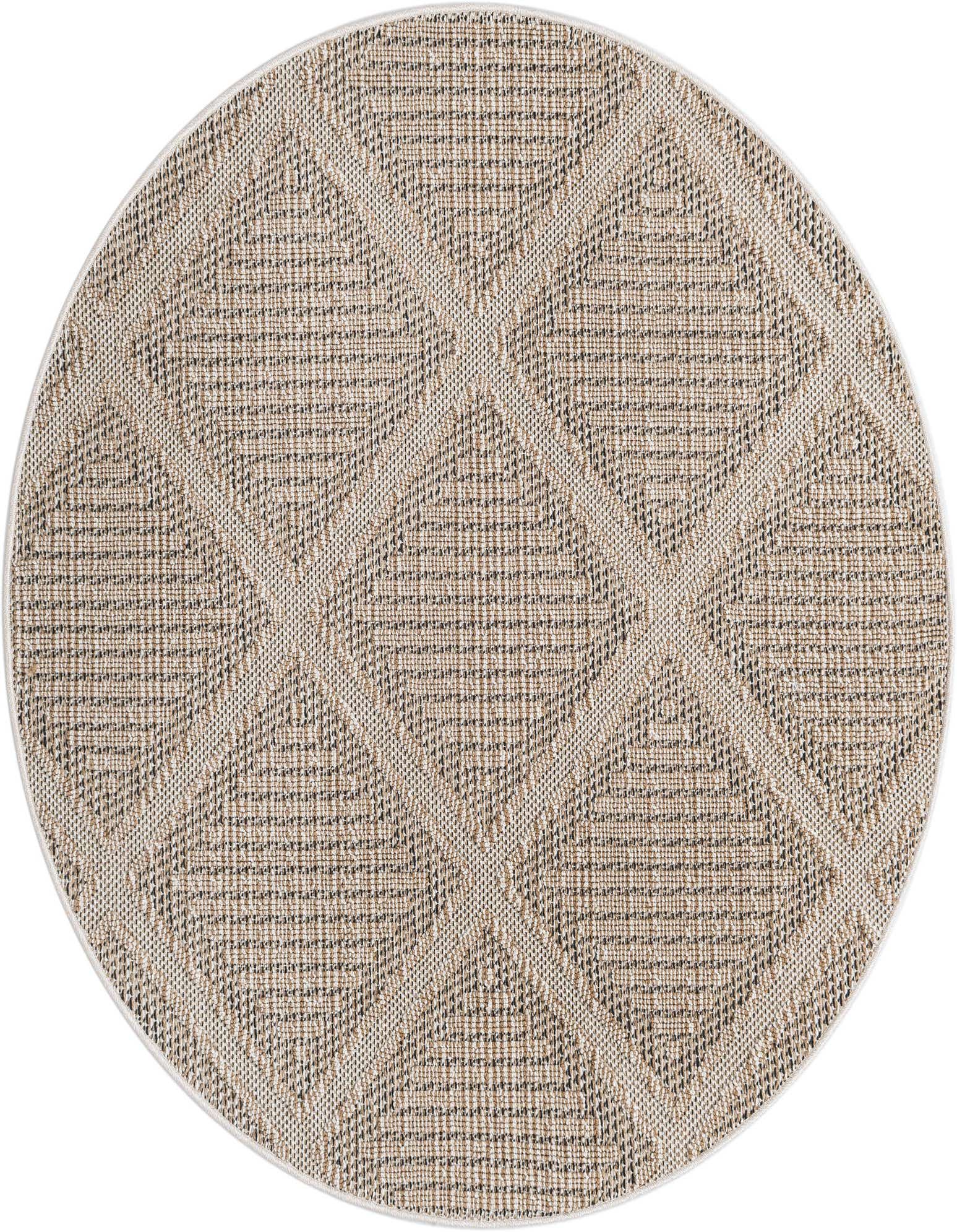 A 5' 3 round brown and ivory indoor/outdoor rug with a modern lattice pattern, suitable for a patio.