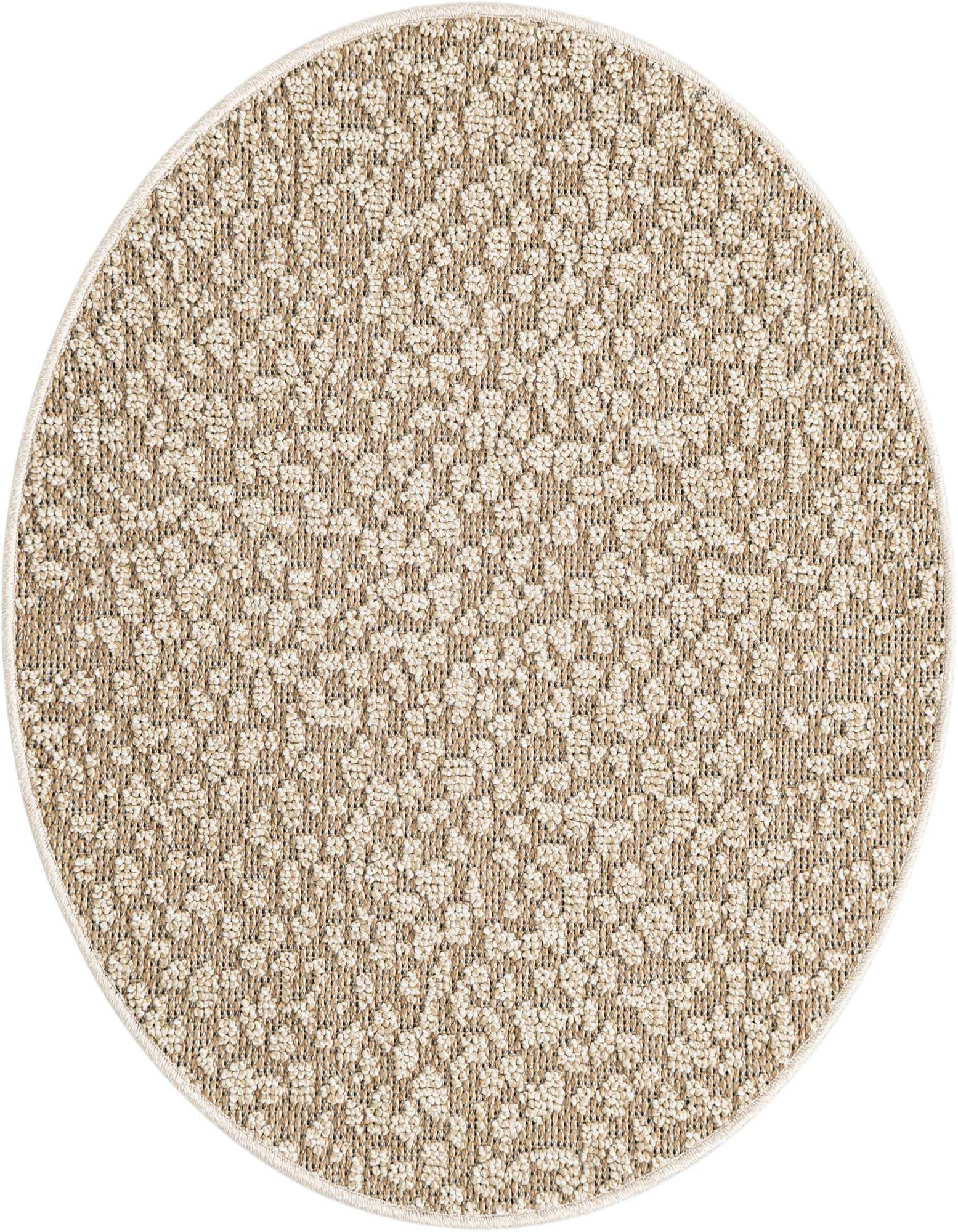 A 3' 1 x 3' 1 round brown and ivory modern abstract rug with a medium pile, suitable for indoor or outdoor use.
