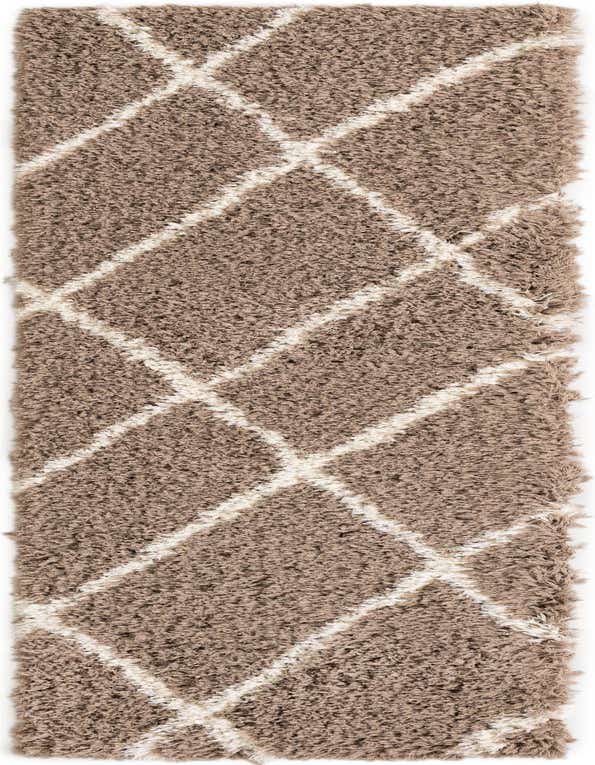 A 10 ft runner rug from the Infinity Shag collection, featuring a soft brown shag pile with a modern ivory diamond pattern.