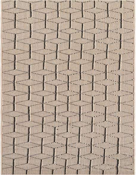A 12 ft runner rug featuring a modern trellis pattern in browns, tans, and ivories, suitable for hallways or patios.