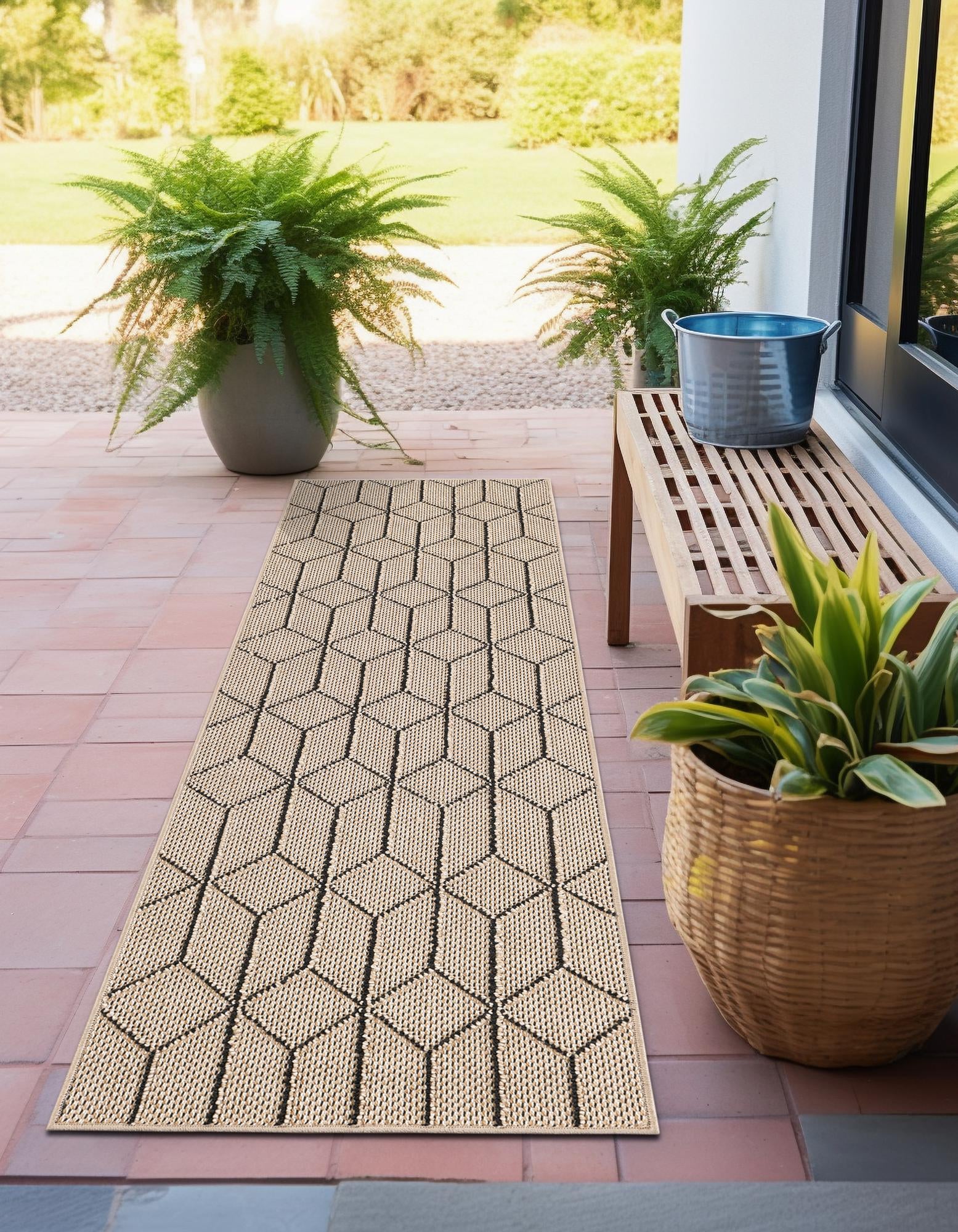 Khaki 2' x 6' 1 Lattice Indoor / Outdoor Runner Rug | Rugs.com