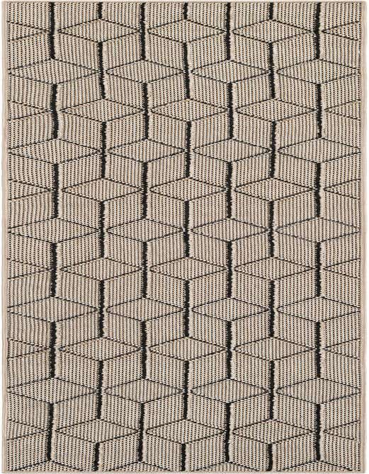 An 8 ft runner rug with a contemporary trellis pattern in brown and cream, suitable for indoor or outdoor use.