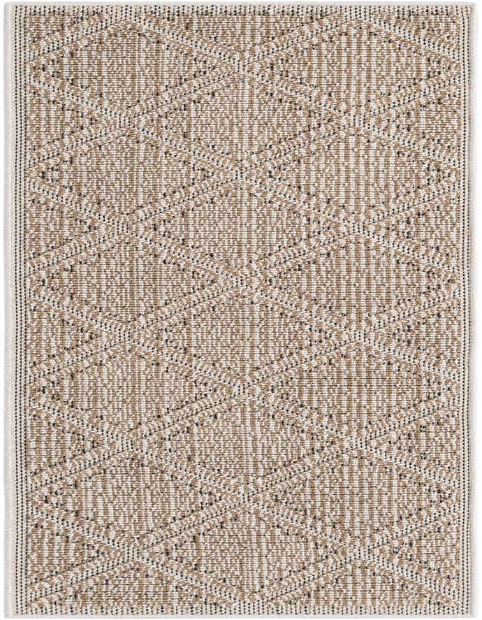 A 6 ft runner rug with a contemporary lattice pattern in browns, tans, and ivories, suitable for indoor/outdoor use.