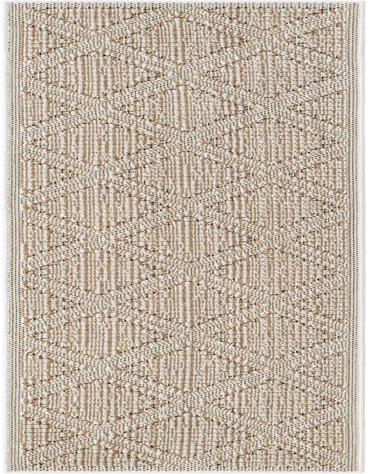 A long 8 ft runner rug with a modern lattice pattern in alternating light brown and cream colors, suitable for a hallway or patio.