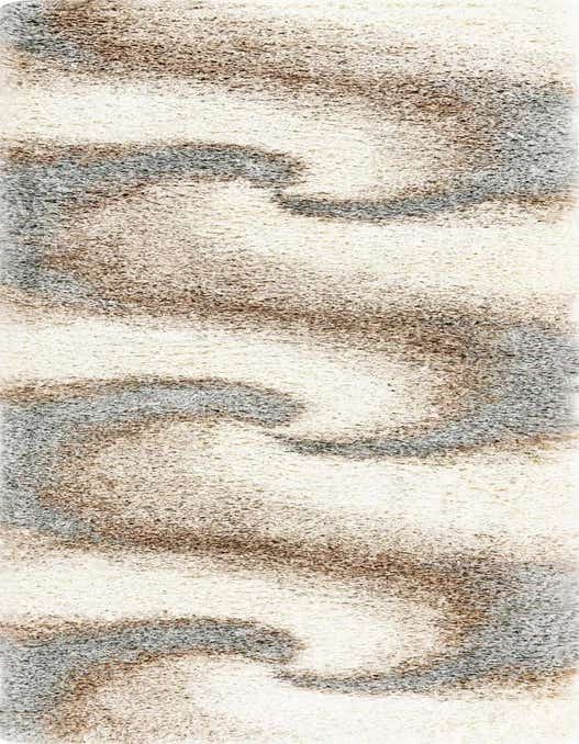 A 10 ft runner rug from the Soft Touch Shag collection, featuring a thick, plush shag pile in swirling patterns of ivory, cream, brown, and tan.