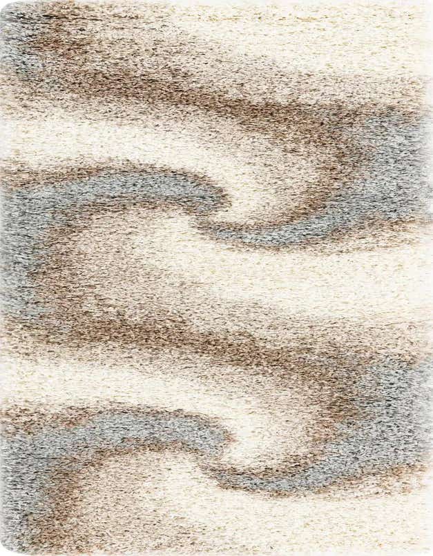 A 7 ft runner rug featuring a soft shag pile with abstract swirls of brown, tan, and cream tones, ideal for a hallway.