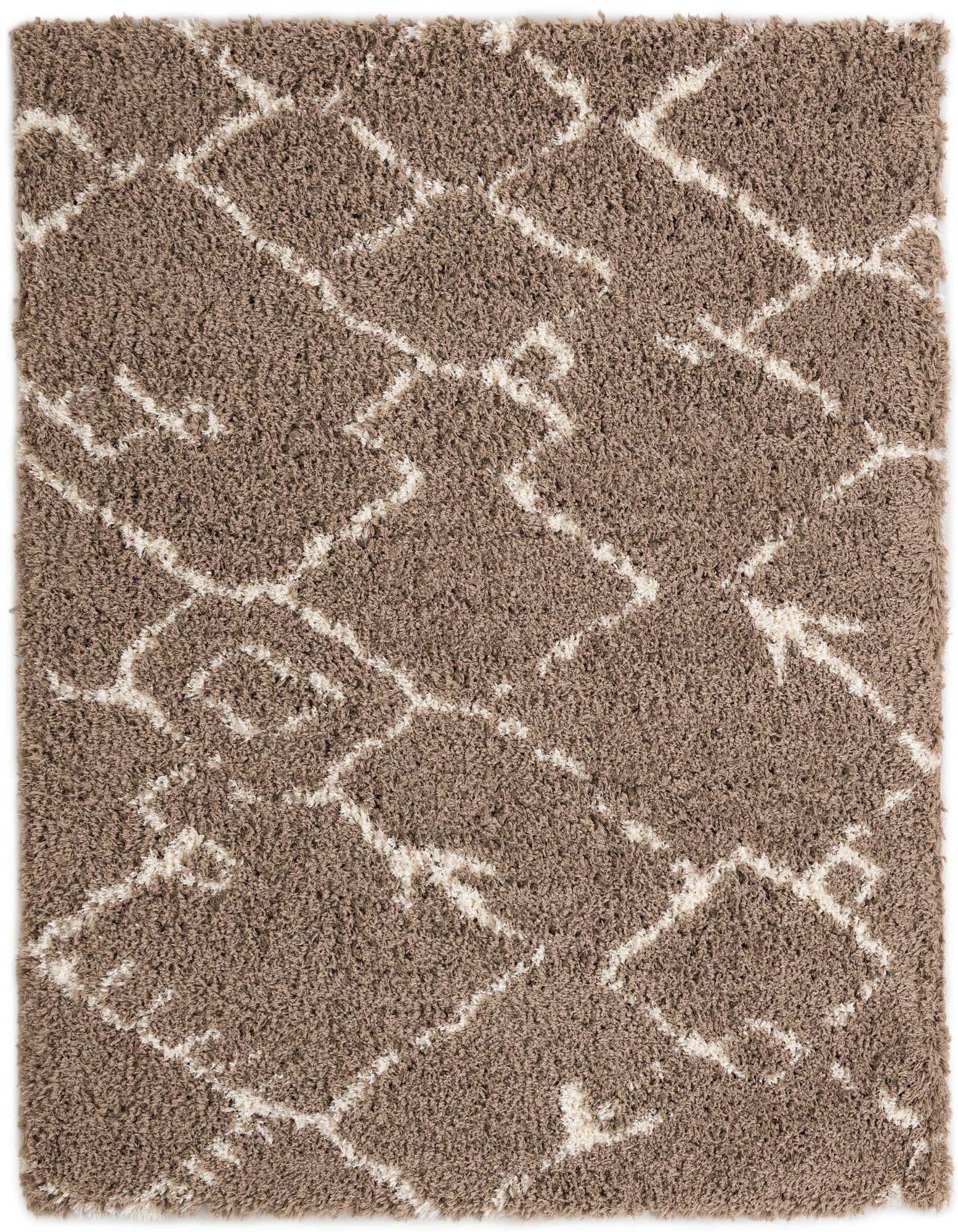 A square 8' x 8' brown shag area rug with an abstract modern ivory geometric pattern, suitable for a living room.