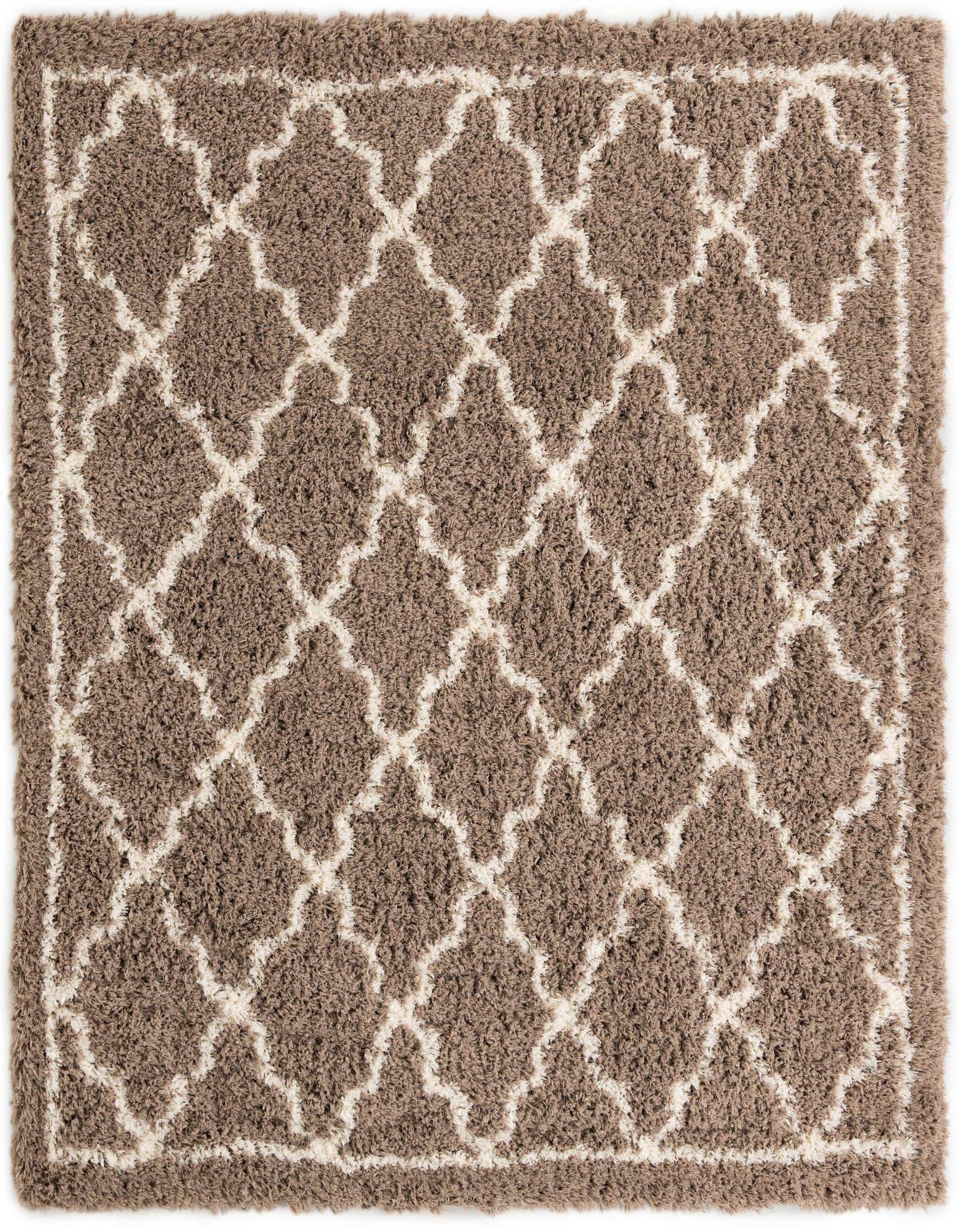 A brown and ivory square shag rug with a modern trellis pattern, shown from above.
